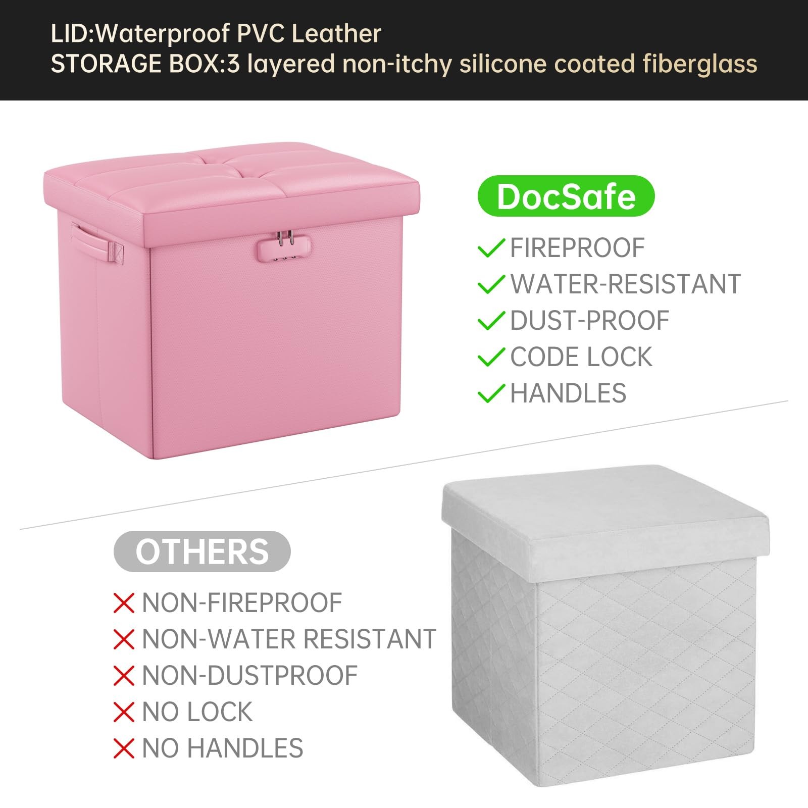 Storage Ottoman Foot Rest Stool Lock Folding Leather Bench Pink 17x13x13in New