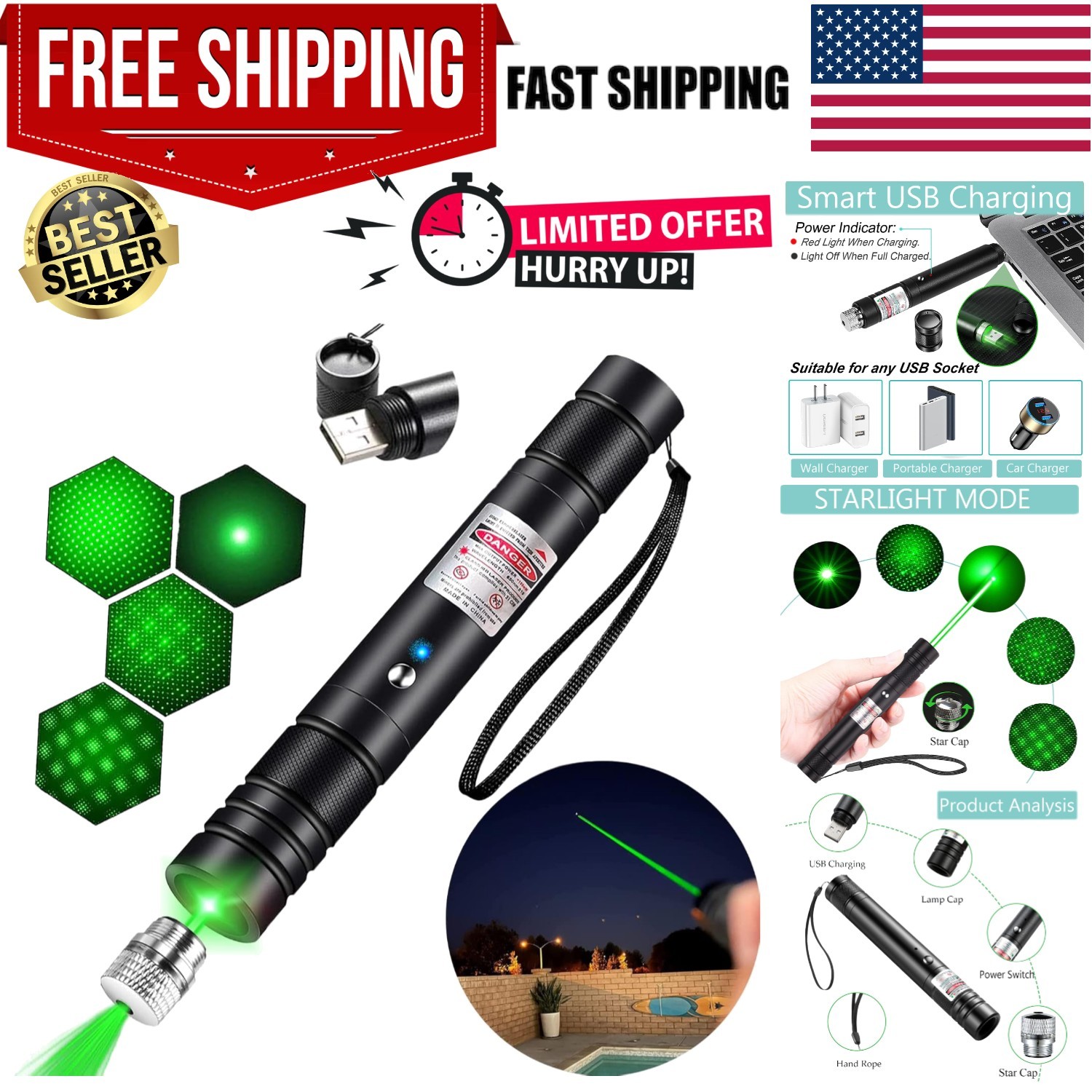 [Professional] Rechargeable Green Laser Pointer High Power Green Beam Light Long