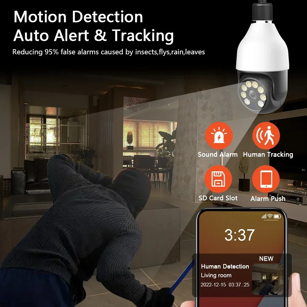 E27 5MP Camera Bulb PTZ Security Video Bulb Surveillance Camera Motion Tracking