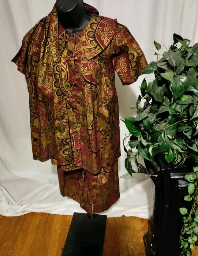 African Print 3pc Set Sz7/8 Top,Skirt,Scarf By African Village,Wine,Gold & Black
