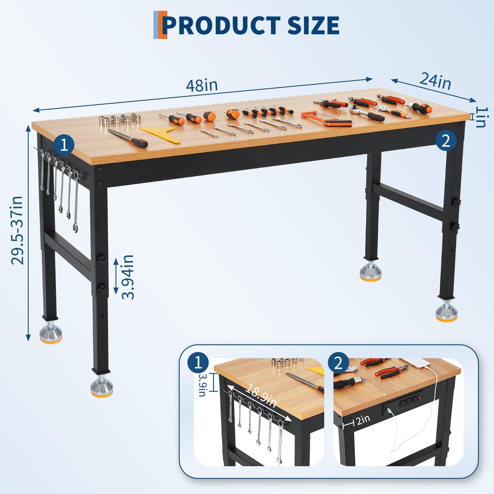 48" Workbench Adjustable Height Work Table Garage ,2500LBS Load Rubber Wood Top