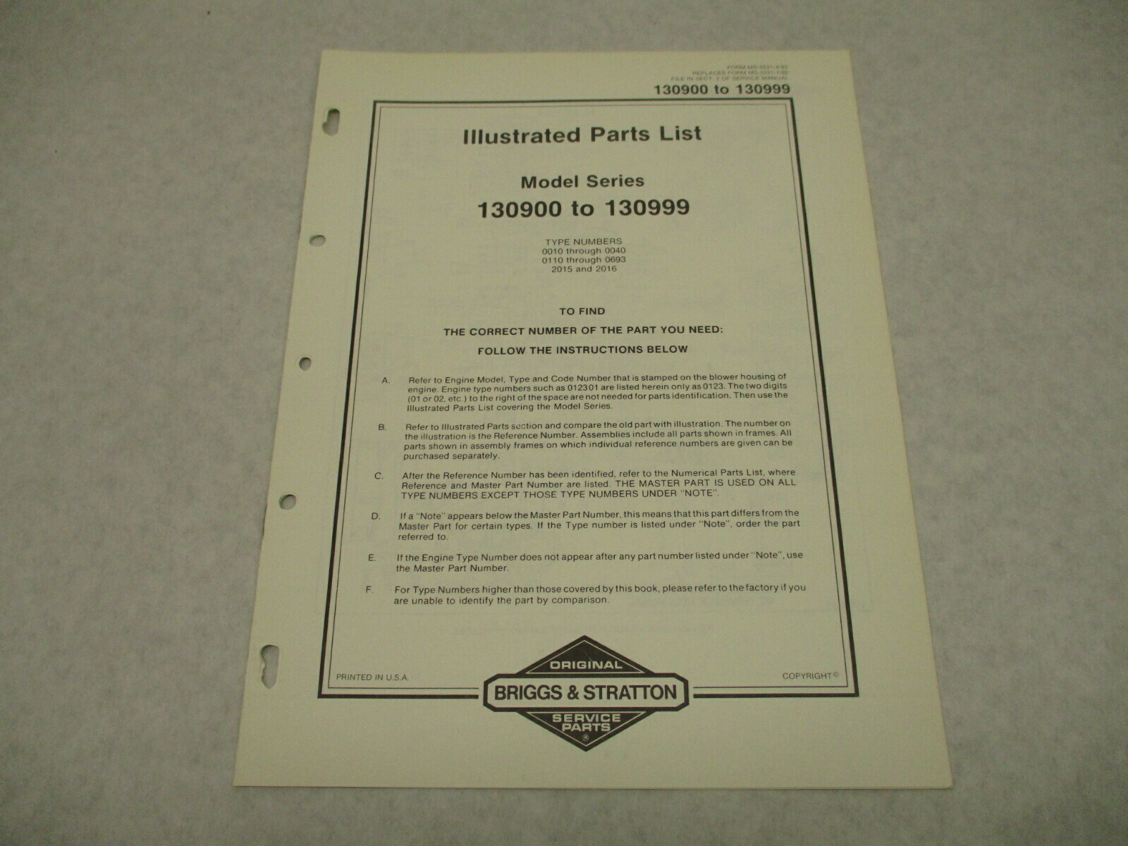 MS-5531-4/83 Briggs & Stratton Illustrated Parts List for Model 130900-130999