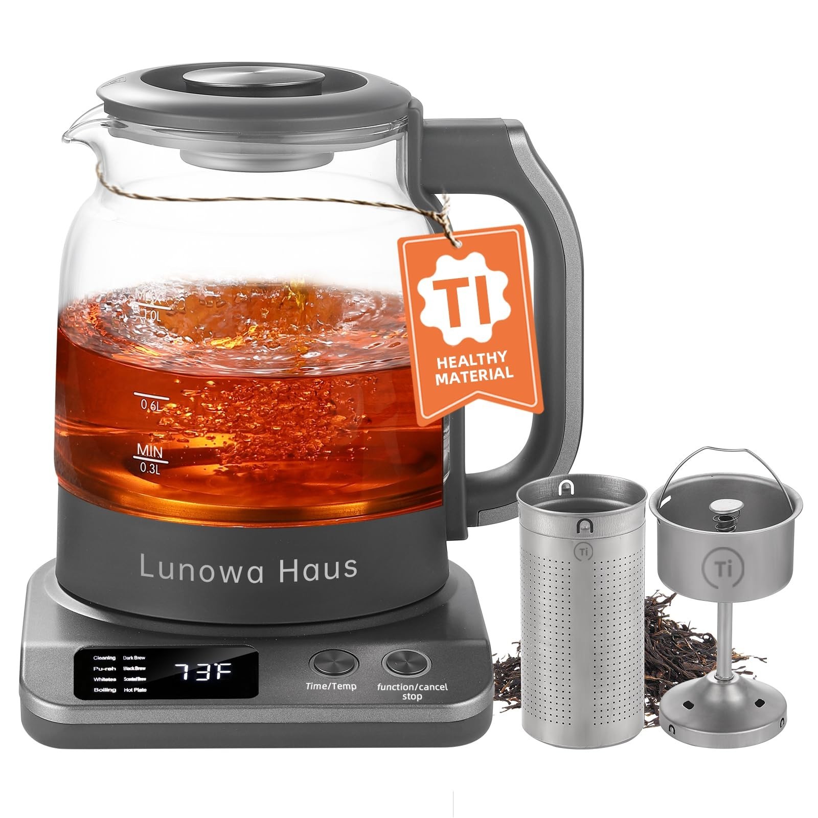 120V Titanium & Glass Electric Tea Kettle, Pro Steam Extraction for All Teas ...