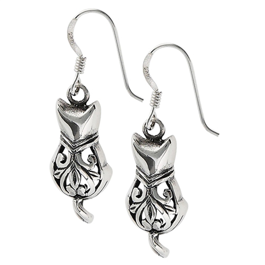 Sitting Cat Filigree Animal 925 Sterling Silver Victorian Dangle Cutout Earrings