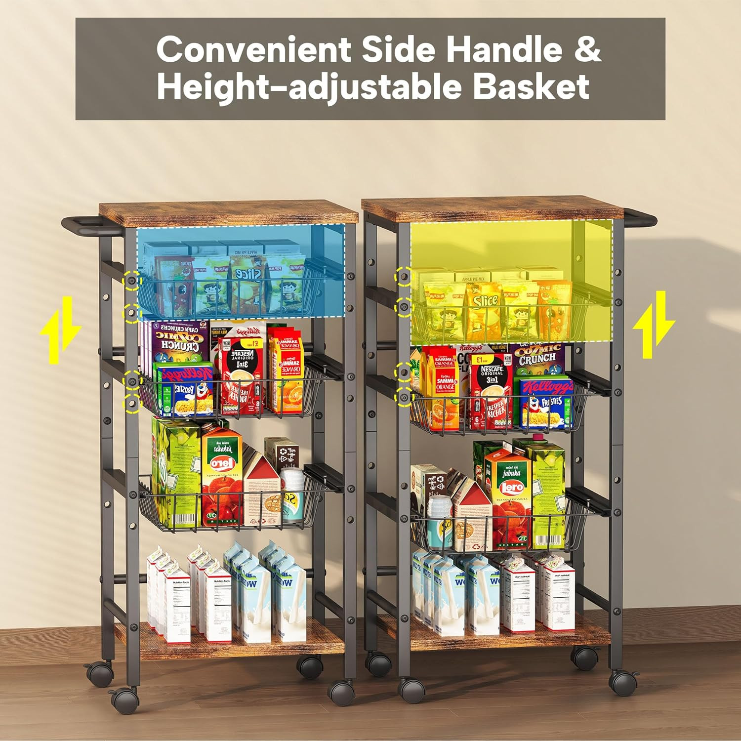 5-Tier Snack Organizer Cart with 3 Height Adjustable Pull-Out Baskets and 2 Stor