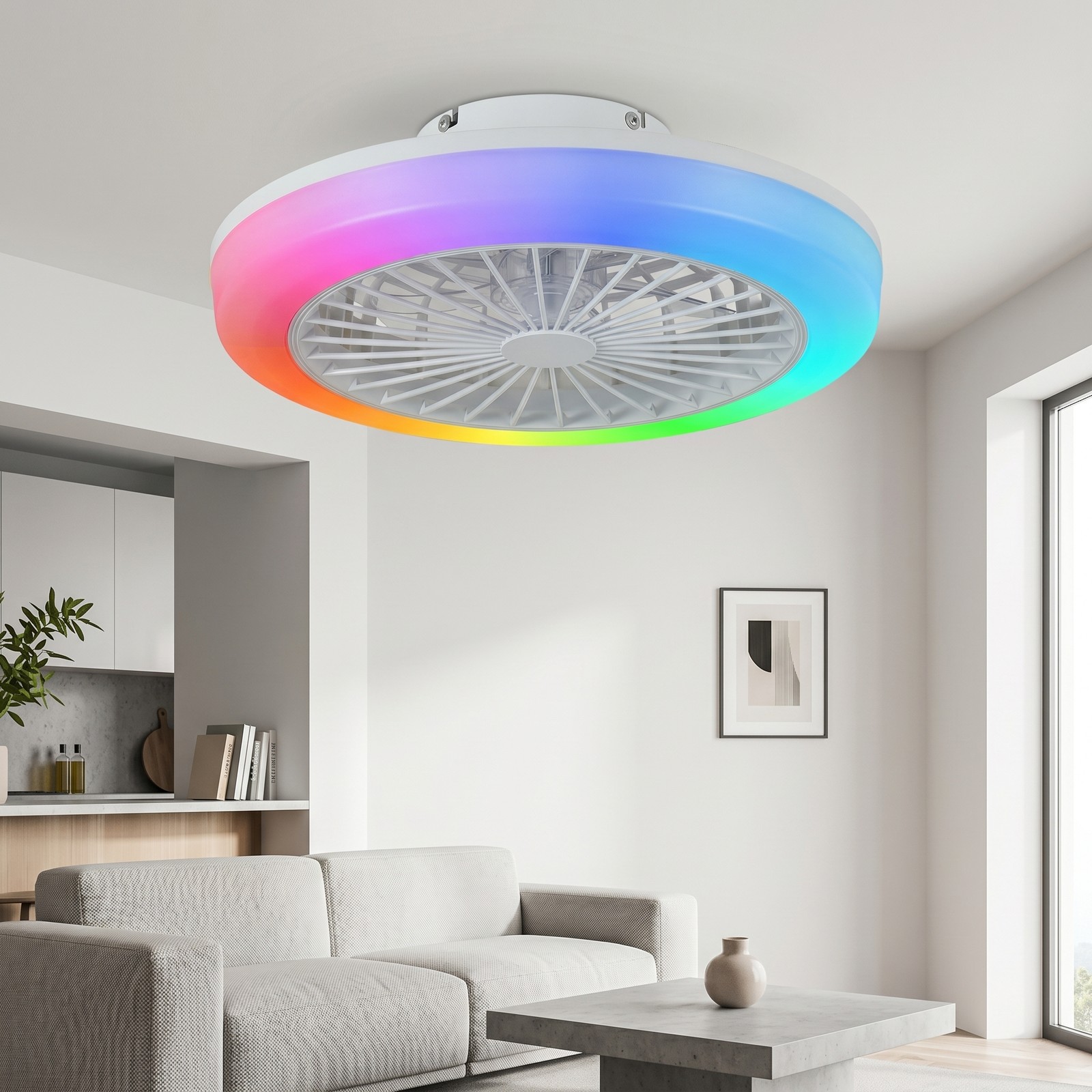 18 in Remote APP Control Smart RGB Ceiling Fan with Light White Flush Mount Kit