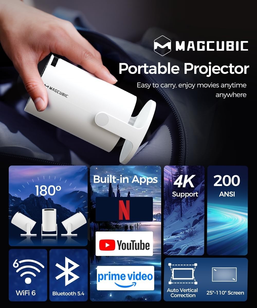 Mini Projector WiFi Bluetooth 4K Support Portable 130'' Screen