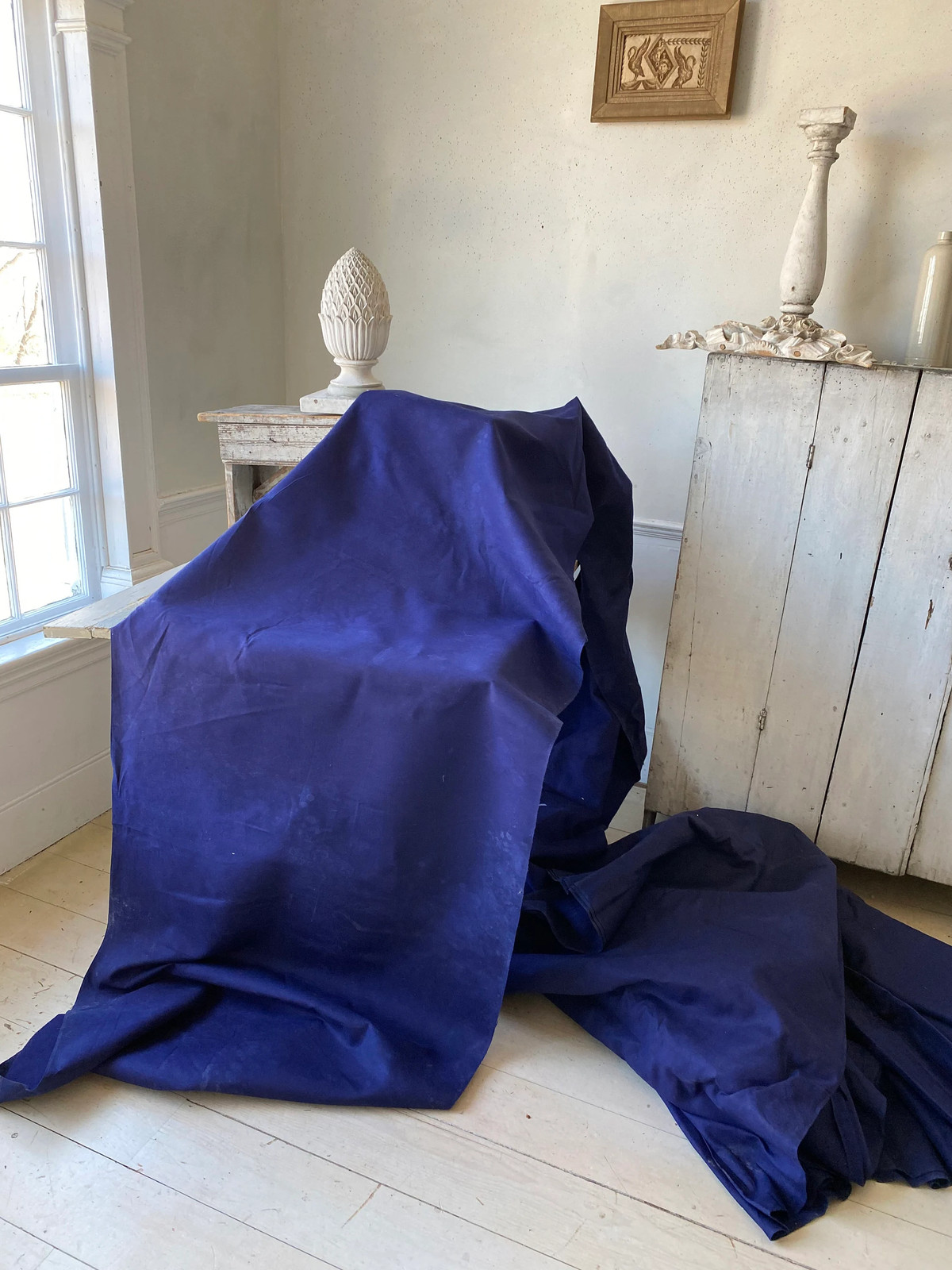3 yard lengths of Vintage French UNUSED workwear blue fabric material brushed c