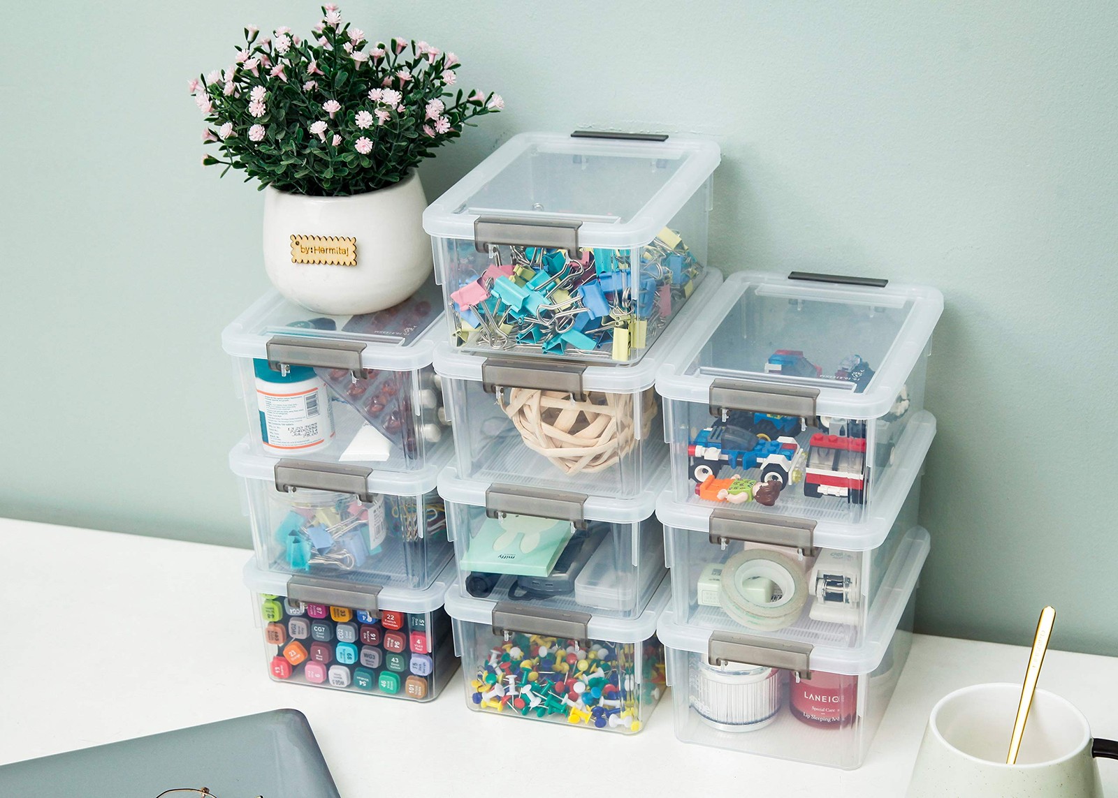 10 Pack Clear Stackable Plastic Storage Bins with Lids for Organizing