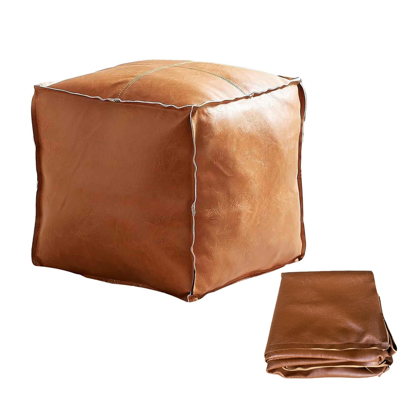 Faux Leather Unstuffed Pouf Ottoman – Square Floor Cushion Cover with Zipper ...