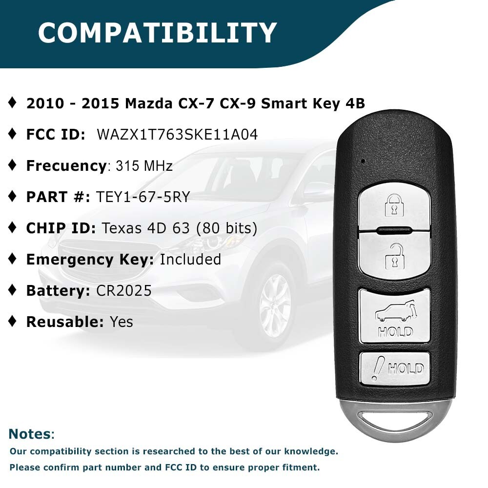 Replacement for Mazda CX-9 10 11 12 13 2014 2015 Smart Key Fob WAZX1T763SKE11A04