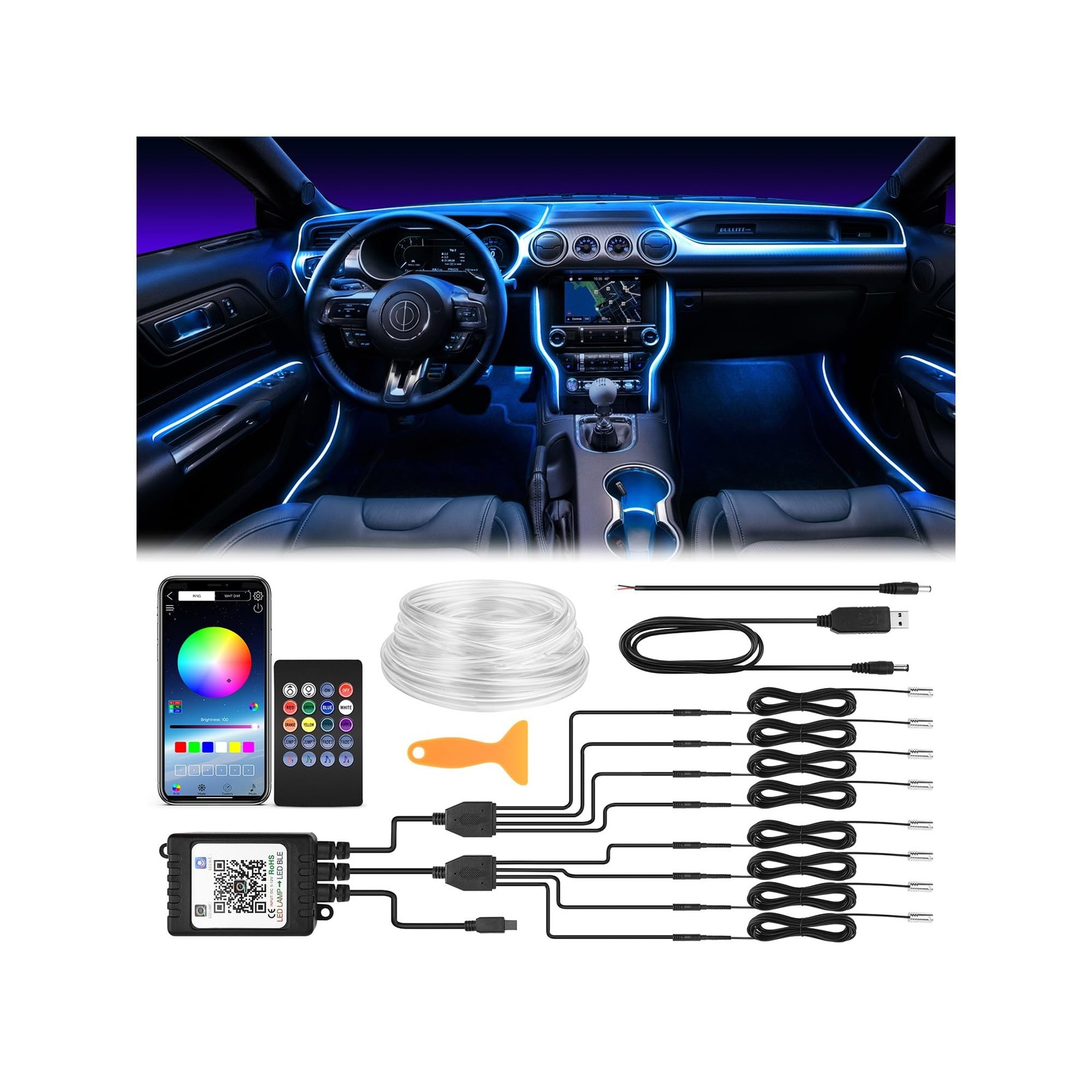 Interior Car LED Strip Lights 400 inches Fiber Optic tubing USB Powered RGB 8...