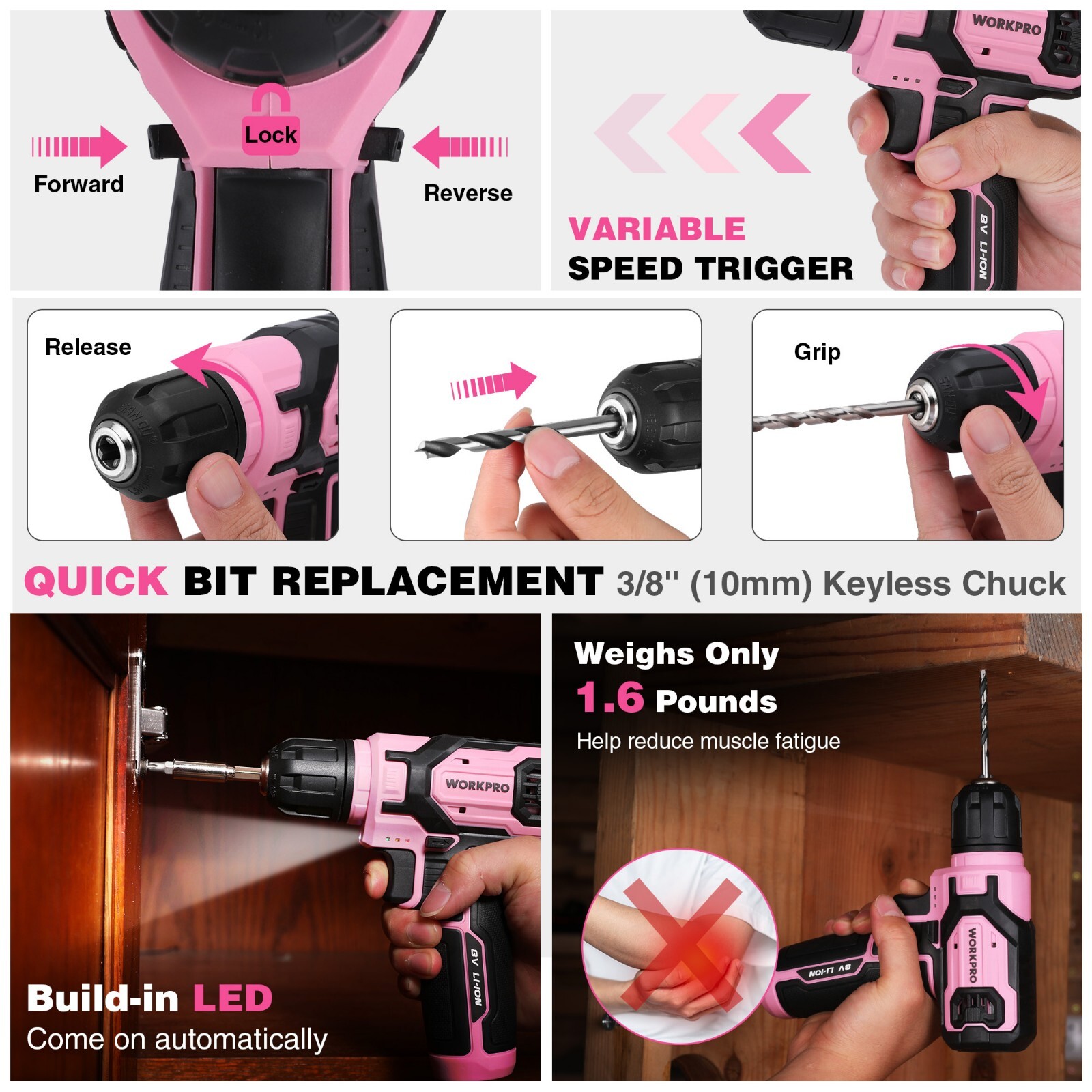WORKPRO Power Drill Set&Stackable Tool Box, 8V Cordless Drill Driver Pink /Gray
