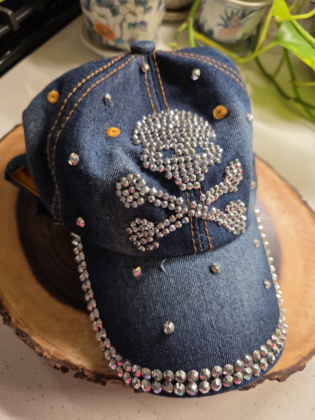 Rhinestone Skull Hat for Women, One Size, & Crossbones (Denim)