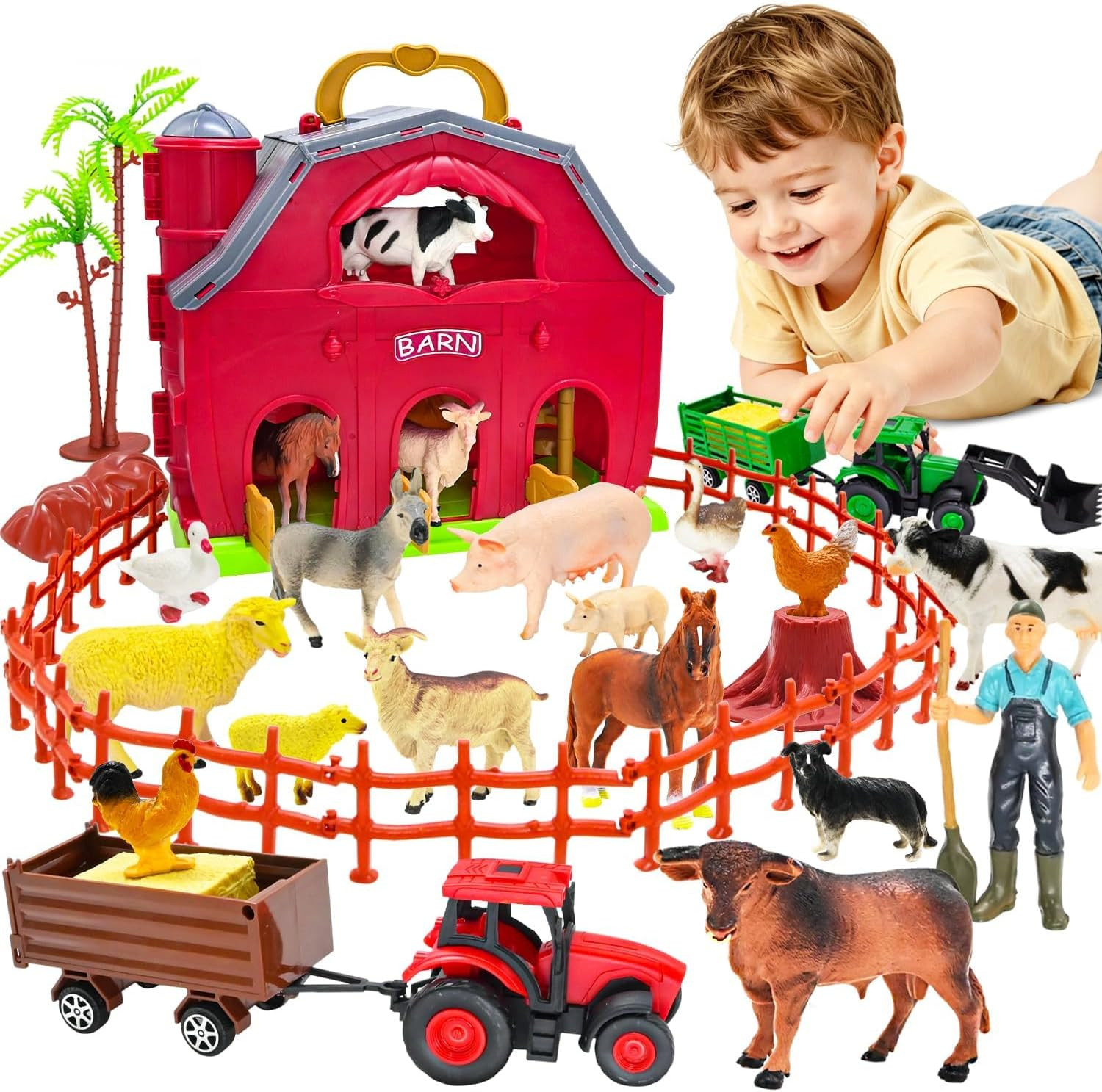 Farm Animals Big Red Barn Toy for 1 2 3 4 5 Years Old Toddlers, Kids Farm Figure