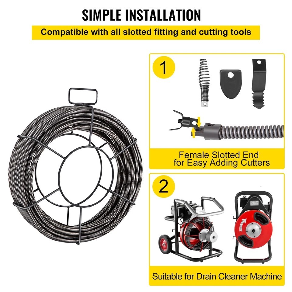 Drain Auger Cable 75ft 3/8" Drain Cleaning Cable Snake Sewer Pipe Cleaner