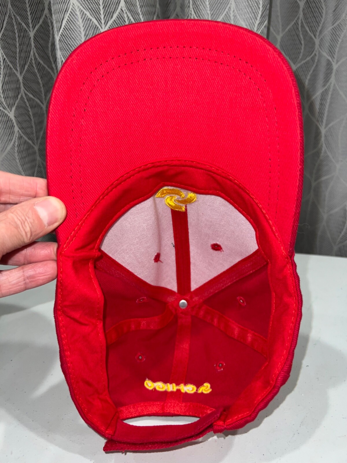 CHIGO And Logo Embroidered Gold w Logo on Front and strap Red Hat Cap Hook Loop