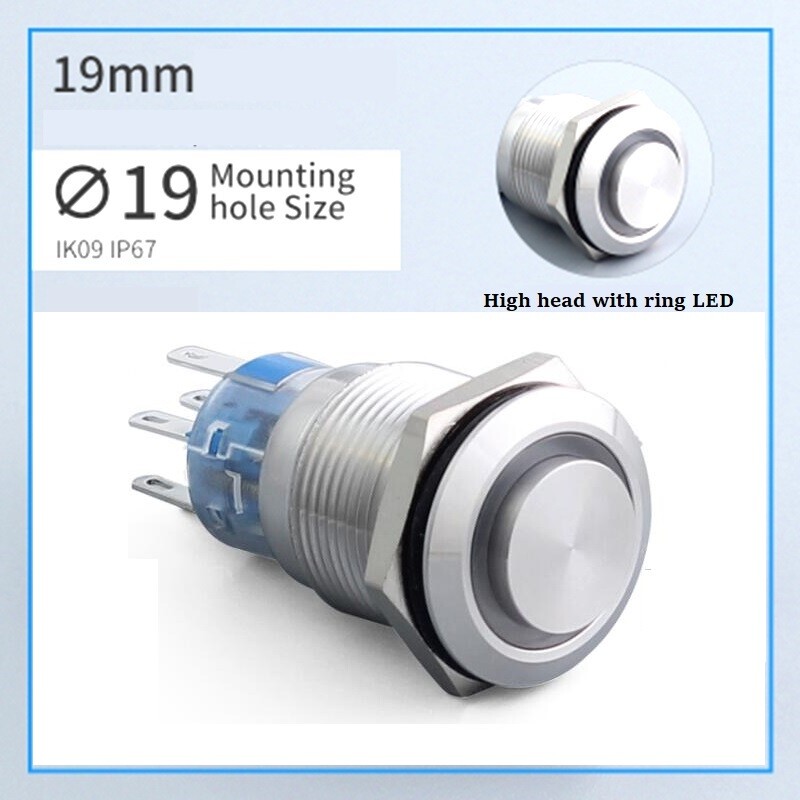 19mm 2NO2NC High Head Ring LED Stainless steel Anti-vandal Push button switch CE