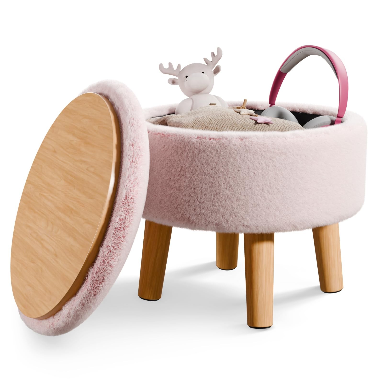 Poofzy Small Ottoman with Storage, Small Foot Stool Ottoman with Wood Legs, Faux