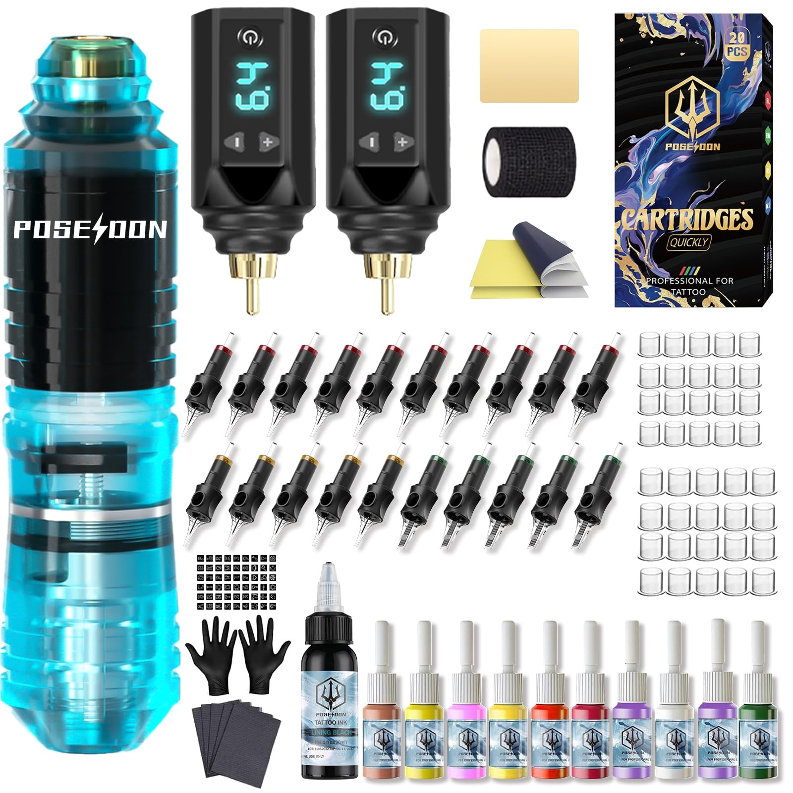 Tattoo Gun Kit POSEIDON Pen with 2pcs 1500mAh Batteries Blue