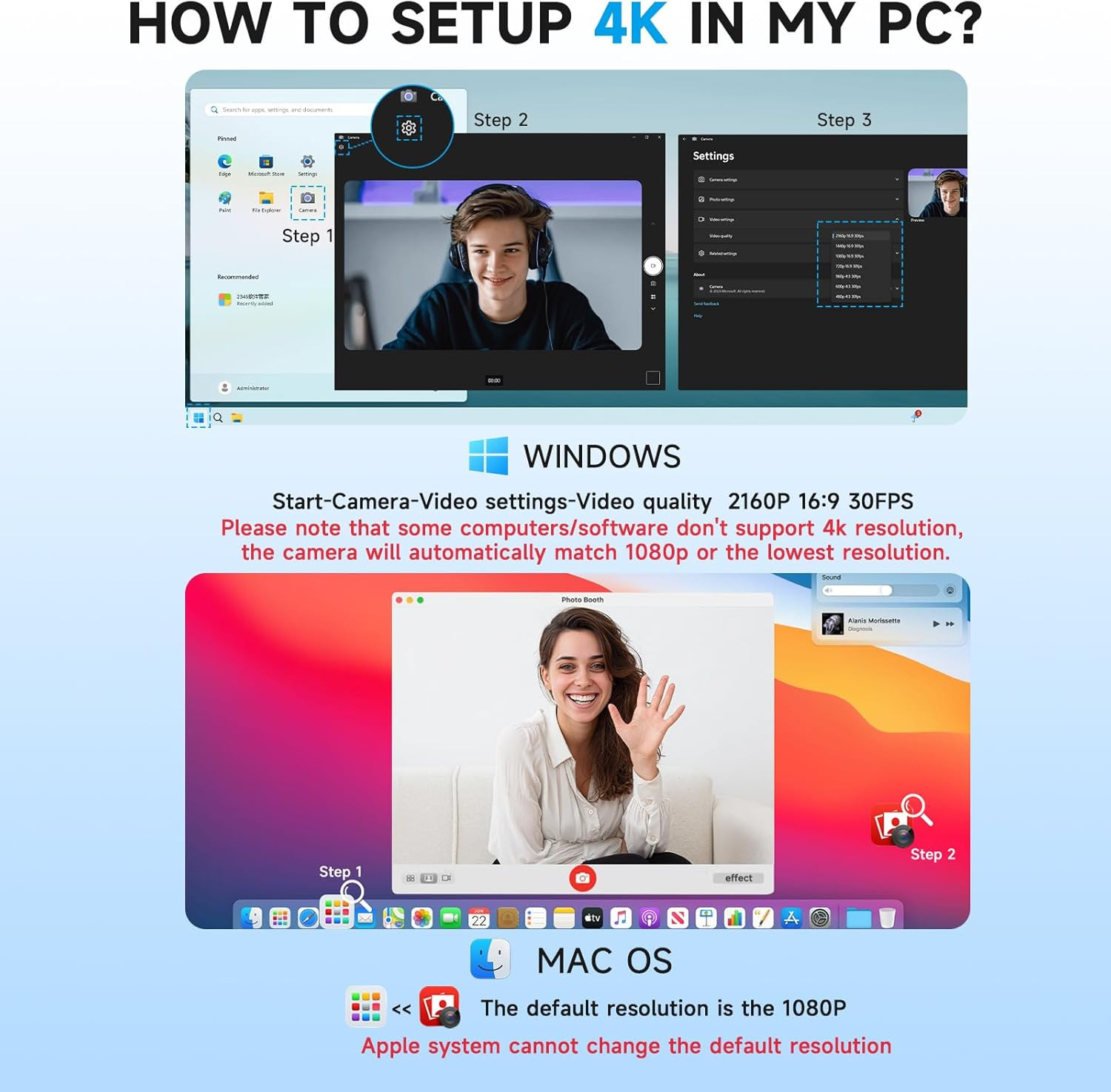 White 4K Webcam for PC with Microphone, Computer Camera with Noise