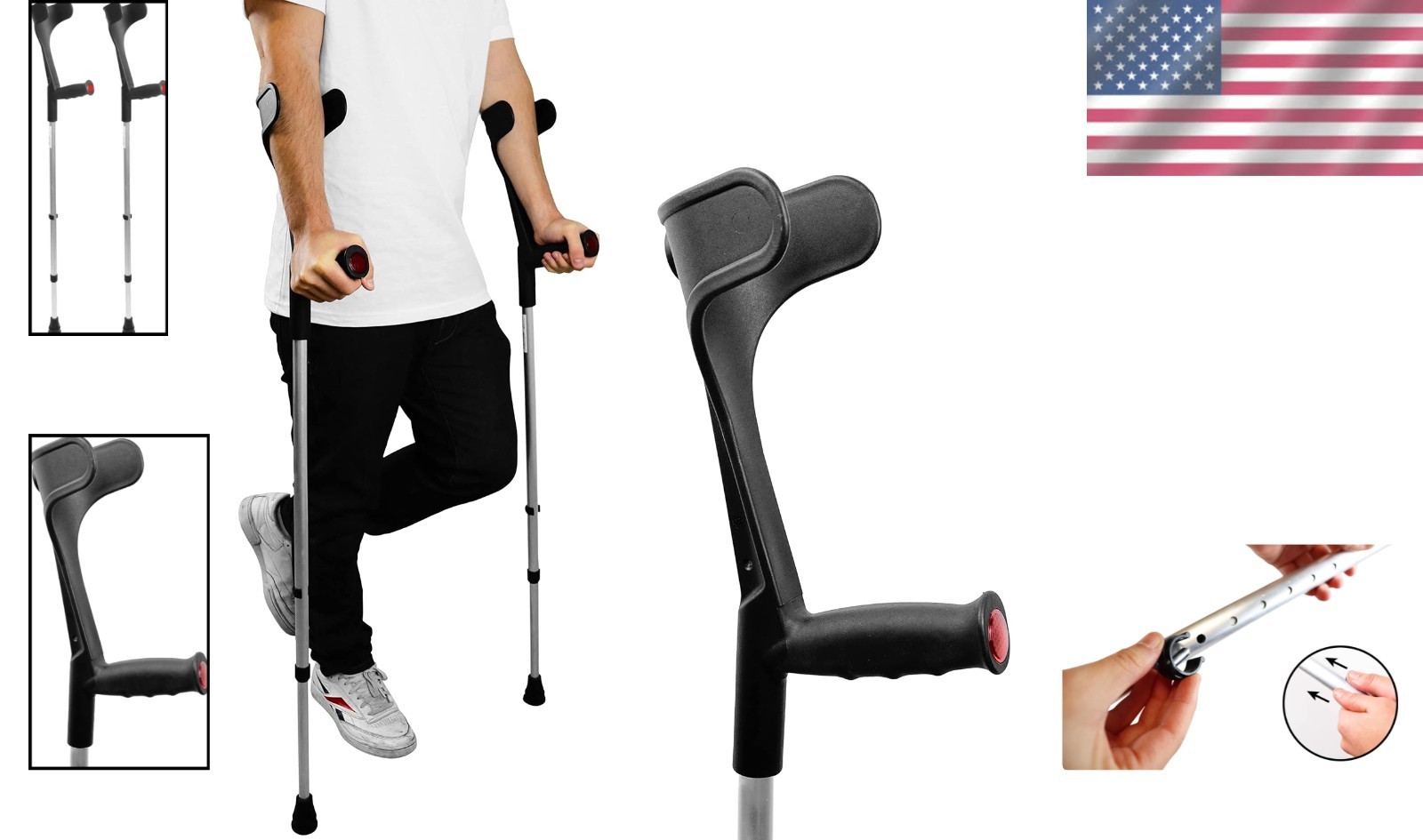 Stylish Black Forearm Crutches for Adults - Lightweight & Adjustable, Set of 2