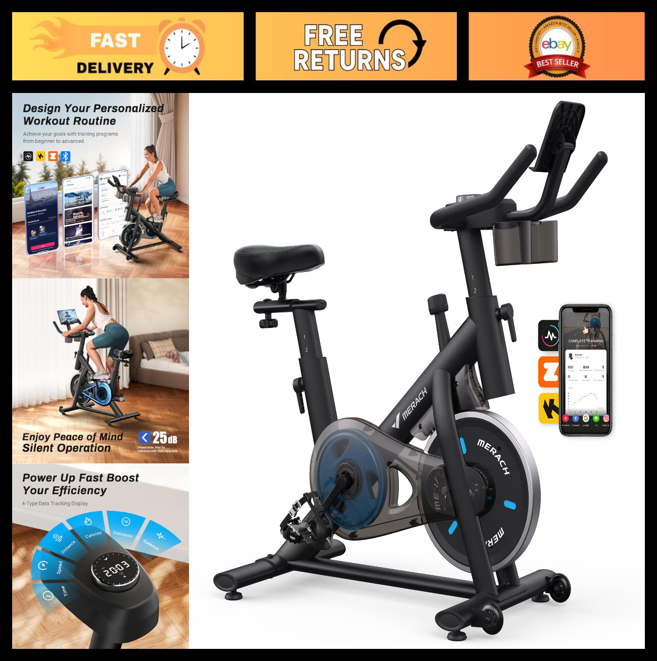 Indoor Cycling Bike with App, Low Noise, 300lbs Capacity, Tablet Mount & Fitness