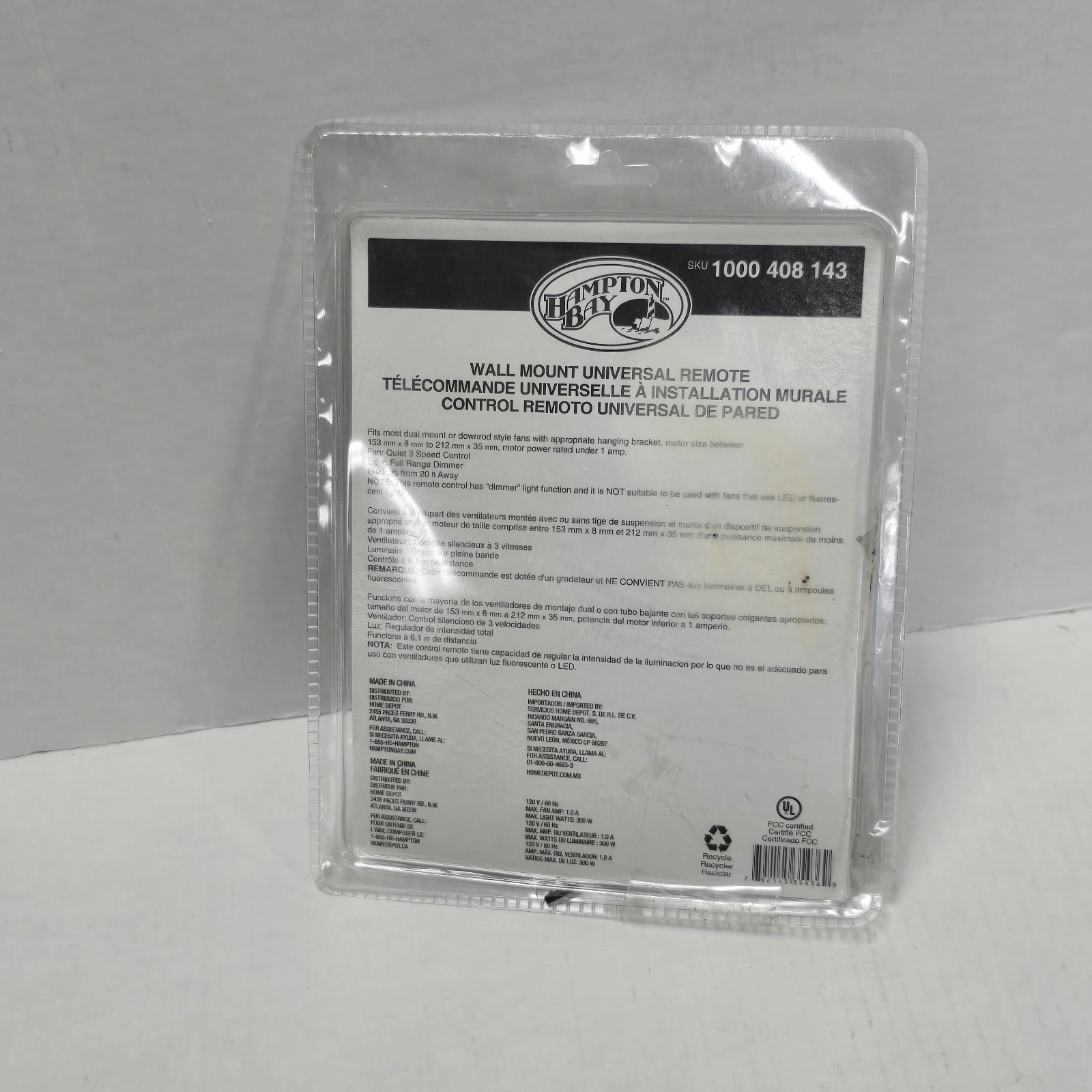 Hampton Bay 1000408143 Black White Wall Mount Universal Remote Control
