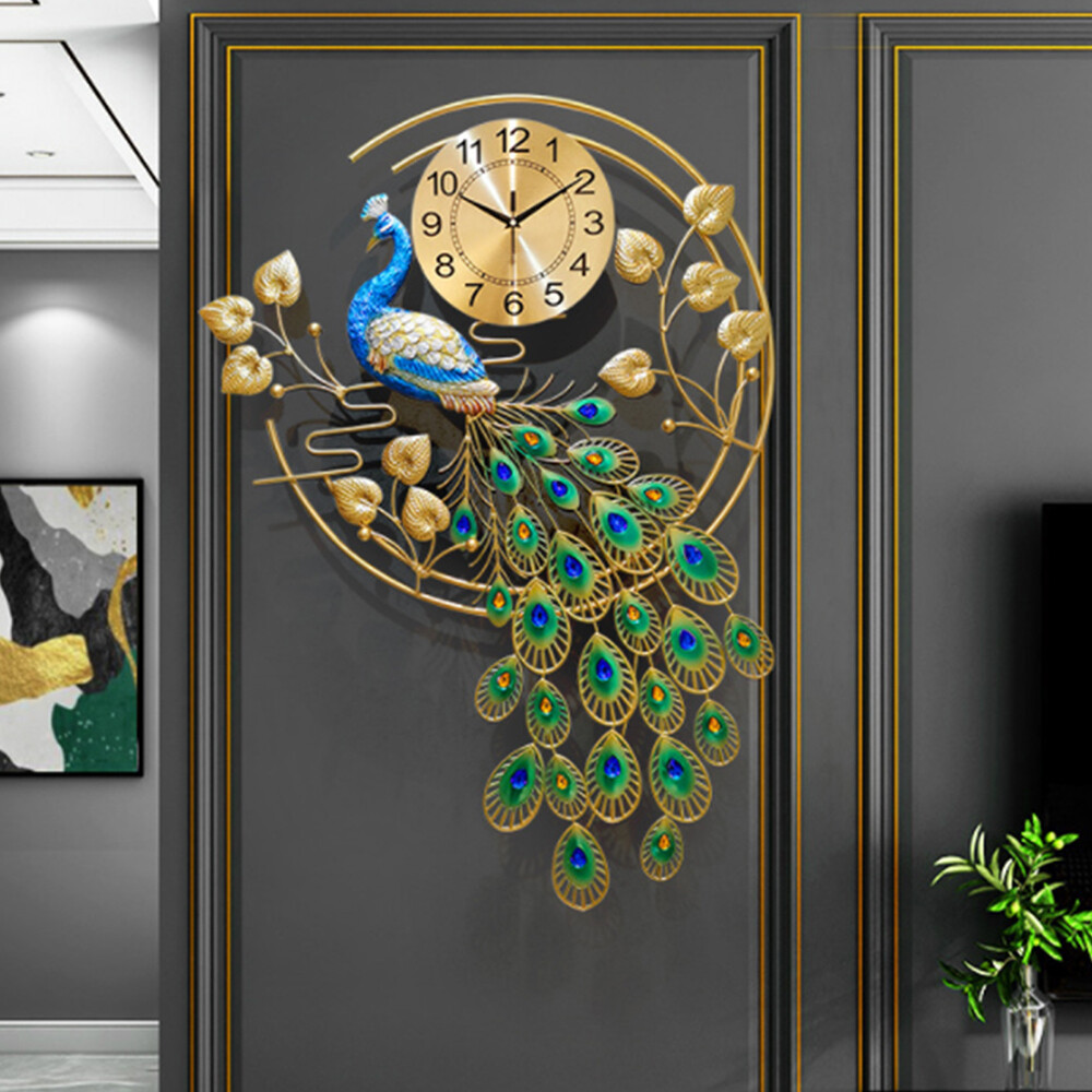 36.6" Luxury Peacock Large Wall Clock 3D Metal Living Room Wall Watch Decor