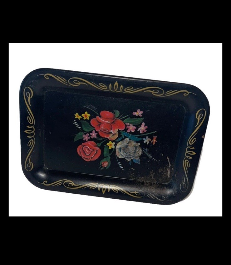 Vintage Black Floral Miniature Tray ￼6” Fun