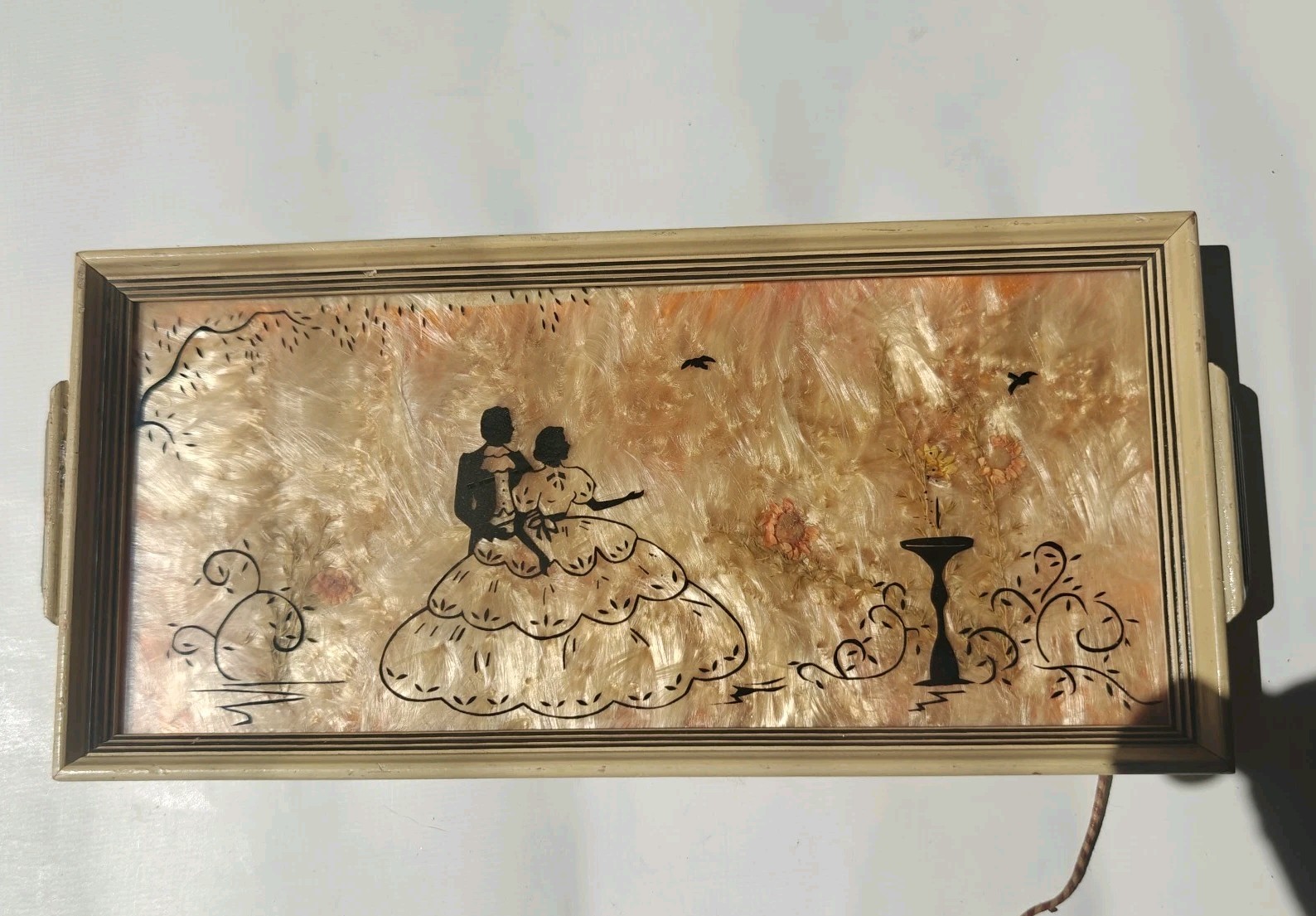 Vintage Victorian Couple Picture Tray Feather Background Vanity Wall Decor