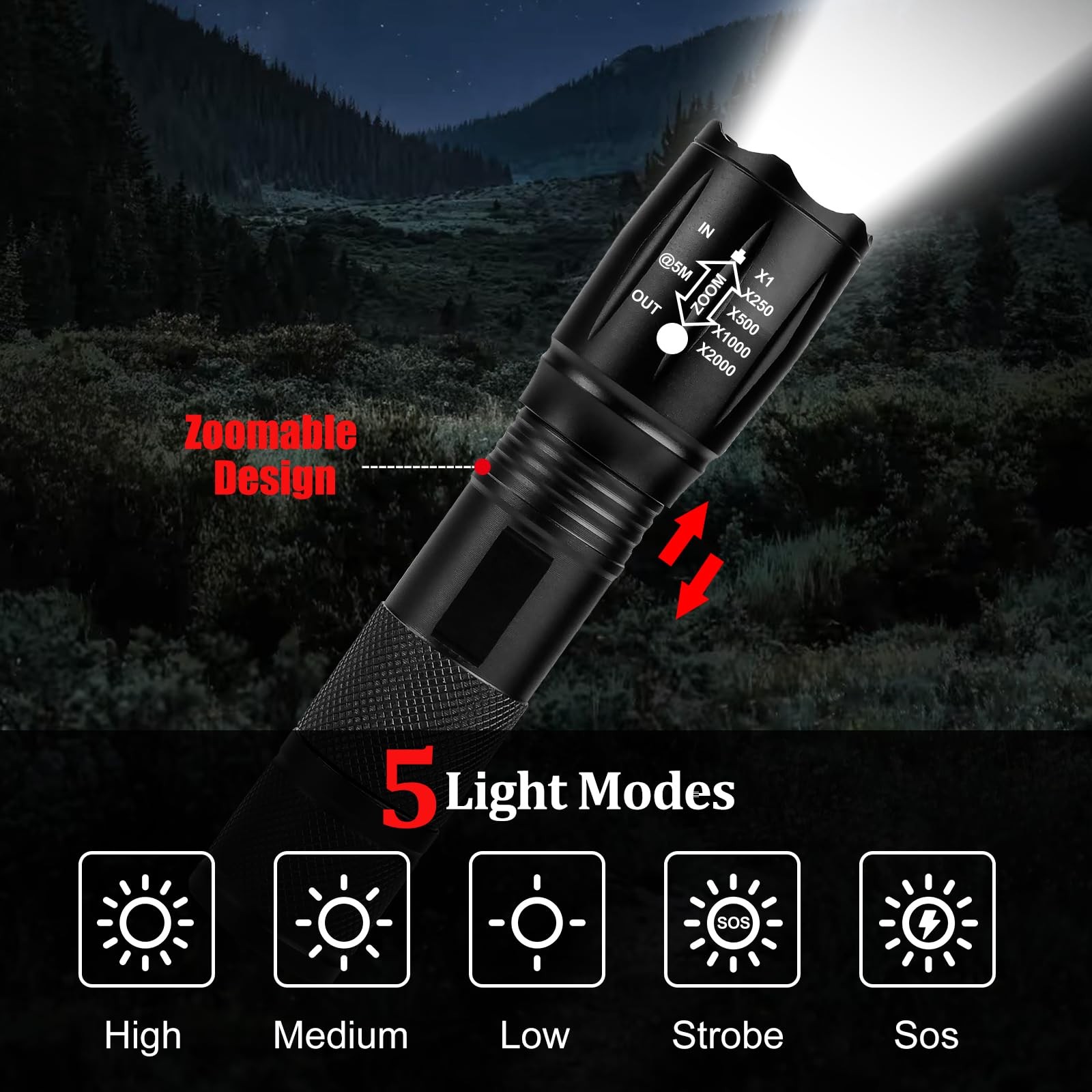 Zoomable LED Flashlights with 5 Modes: Valentines Day Birthday Small, Black