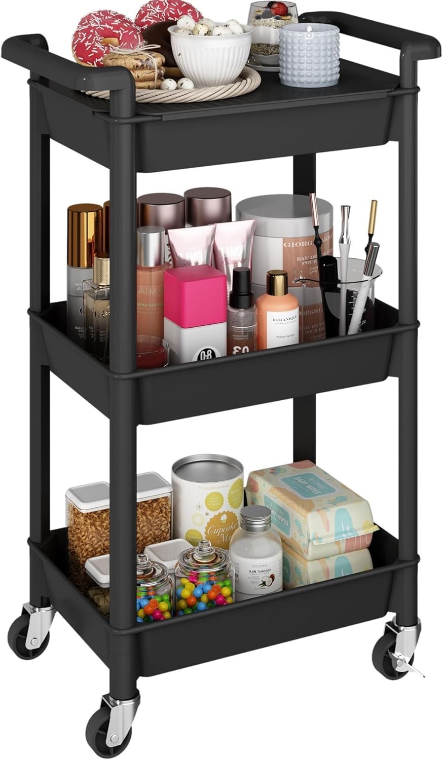 3-Tier Utility Rolling Cart with Cover Top Board, Mobile Utility Cart with Lo...