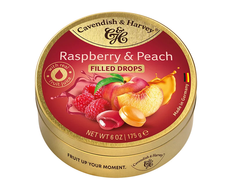 Cavendish & Harvey Raspberry & Peach Filled Drops In Tin 175g