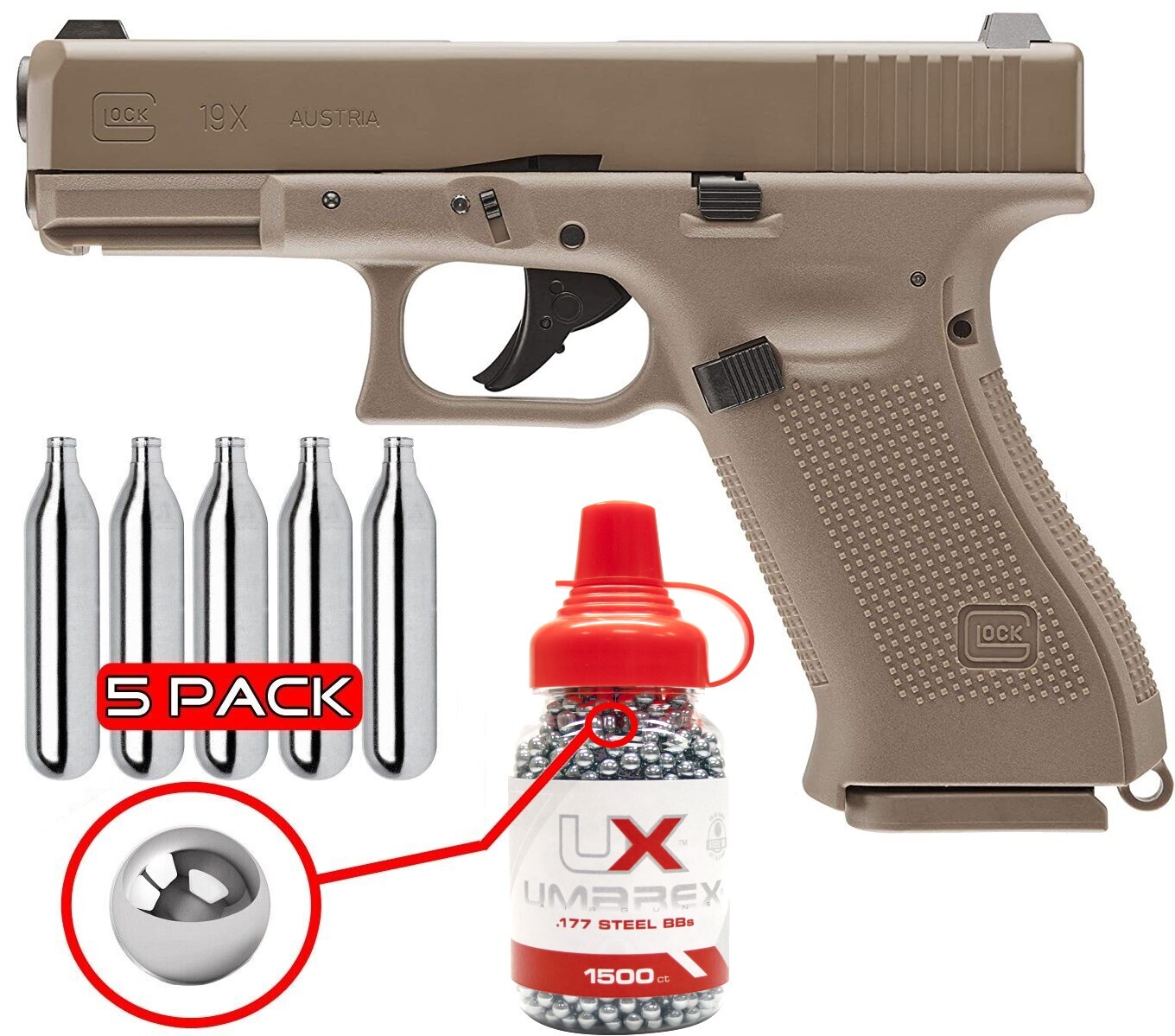 Umarex Glock 19X .177 Cal Air Pistol, Blowback w/ CO2 & BBs (2255212) Gen 5