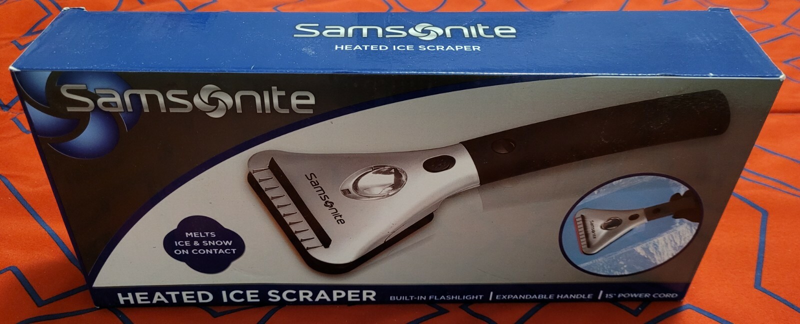 SAMSONITE HEATED ICE SCRAPER MELTS ICE & SNOW FLASHLIGHT EXPAND HANDLE 15' CORD
