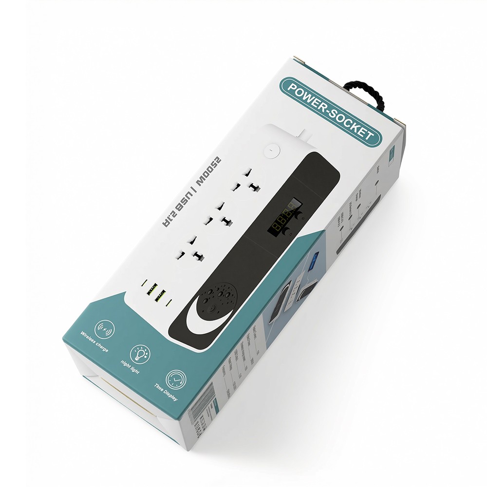 Wall Plug Power Strip with 3 Outlets Surge Protector Extension Cord Clock+Light