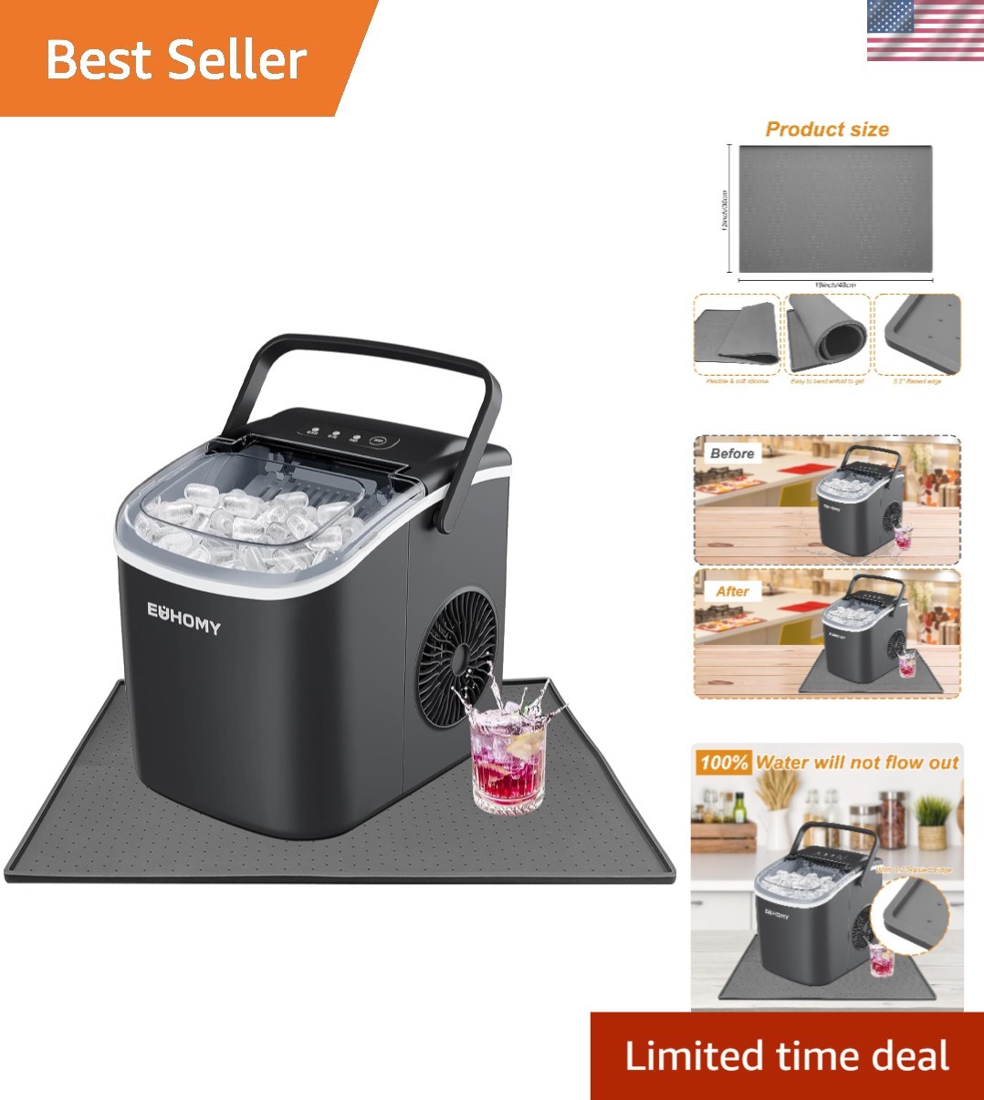 Waterproof Silicone Countertop Mat for Ice Makers - Prevents Spillage (19"x12")