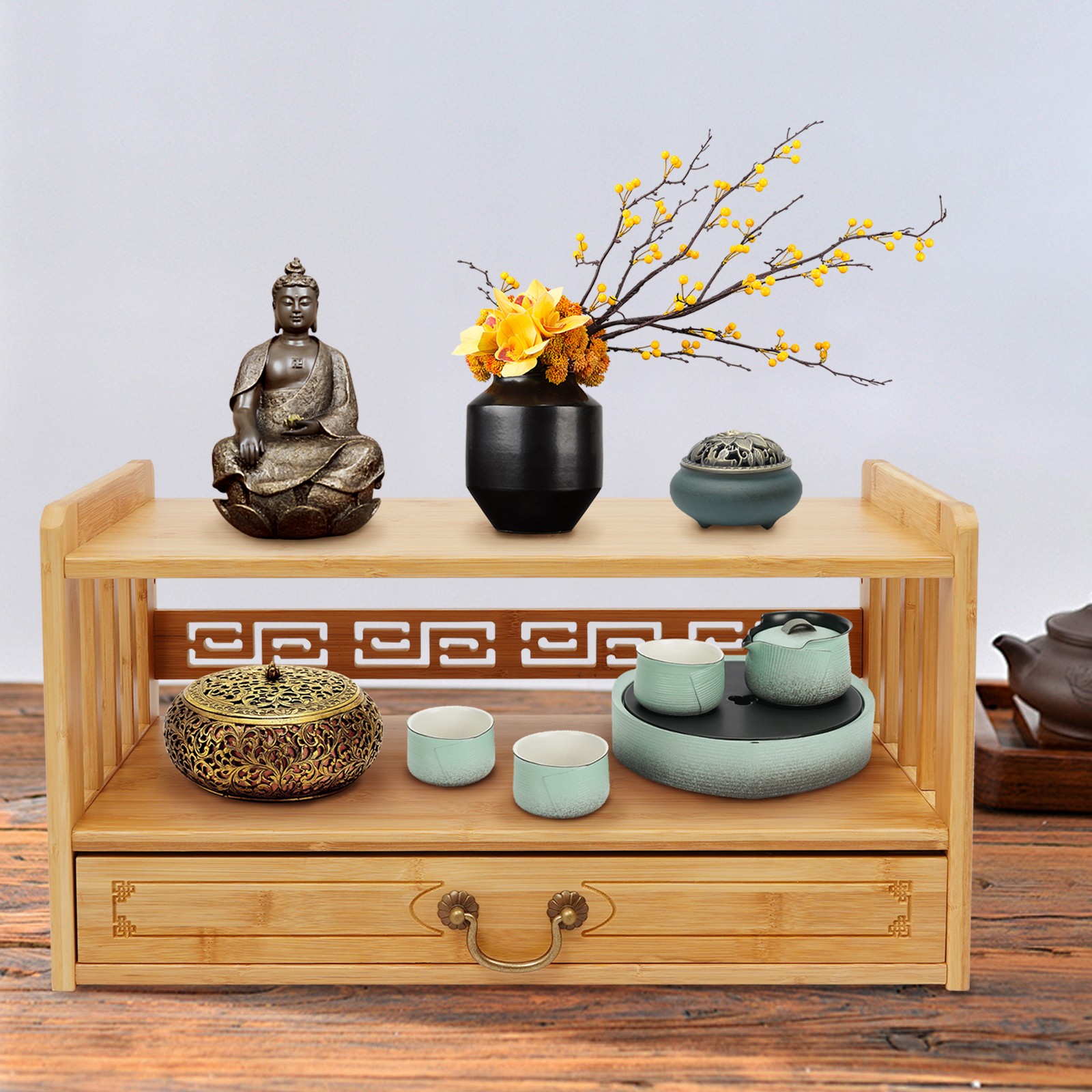 Meditation Storage Table with Drawer, Bamboo Desktop Organizer Chinese Style
