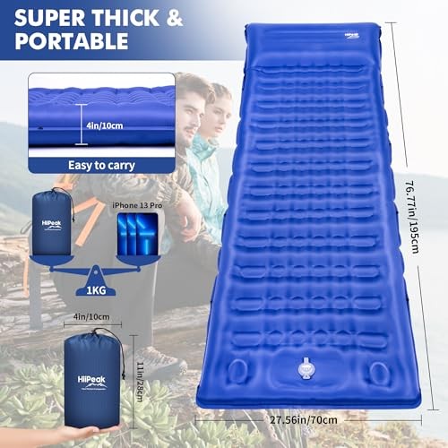Double Sleeping Pad Self Inflating 3" Extra-Thick for 2 Person Single Blue