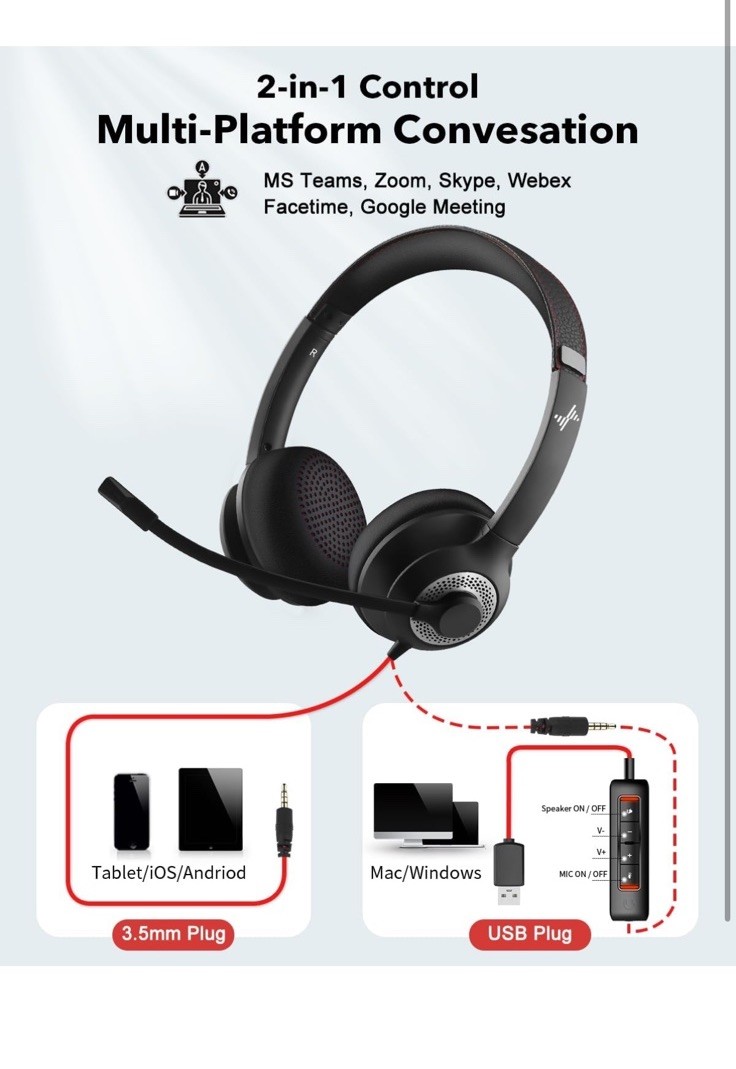 USB Headset with Microphone for PC, On-Ear Computer Laptop Headphones USB+3.5mm
