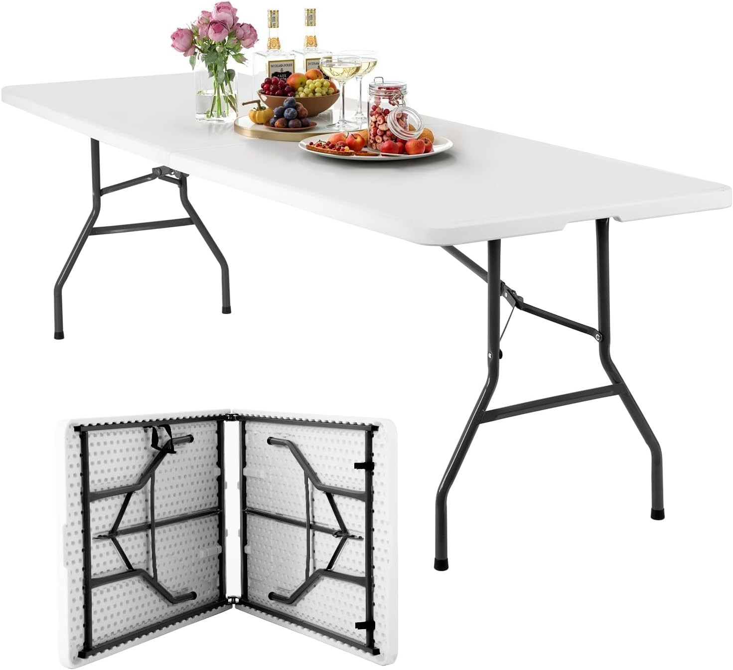 Multi-Purpose 8FT Folding Table for Parties & BBQ - Durable with Carry Handle