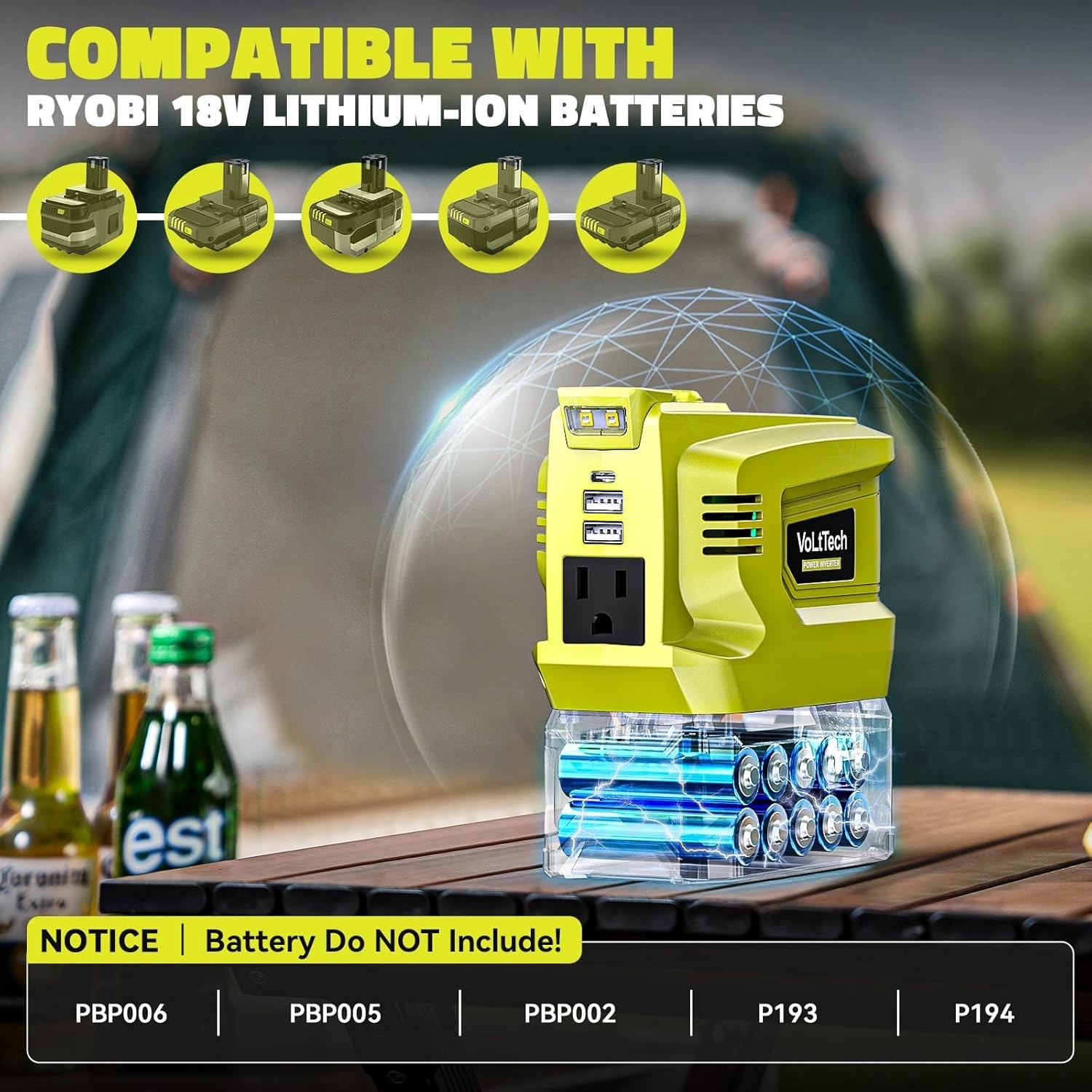 Real 200W Power Inverter Compatible with Ryobi 18V, VoLtTech Battery Inverter 18