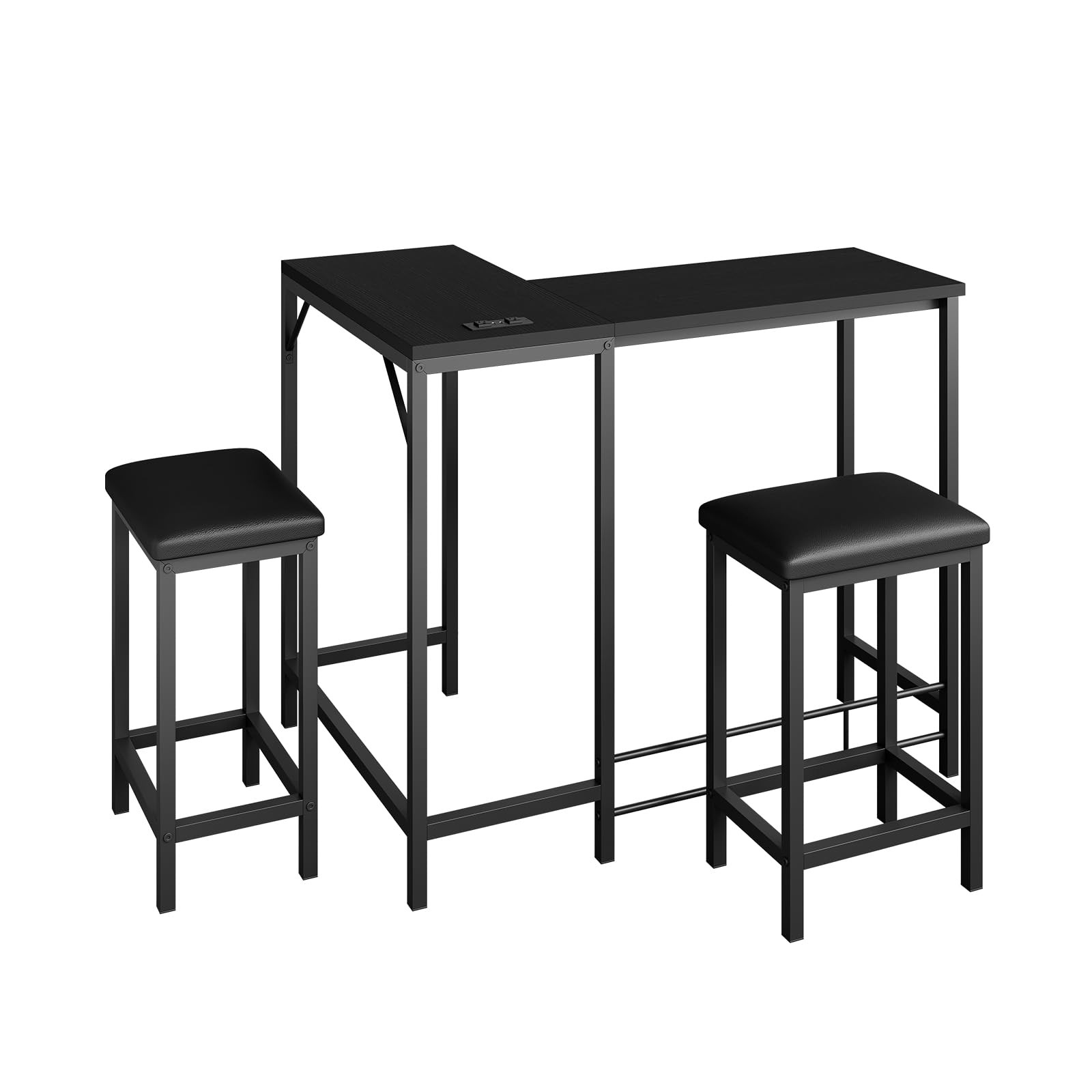 Bar Table and Chairs Set 63'' L-Shaped Bar Table with 2 Stools, Built-in Outlets