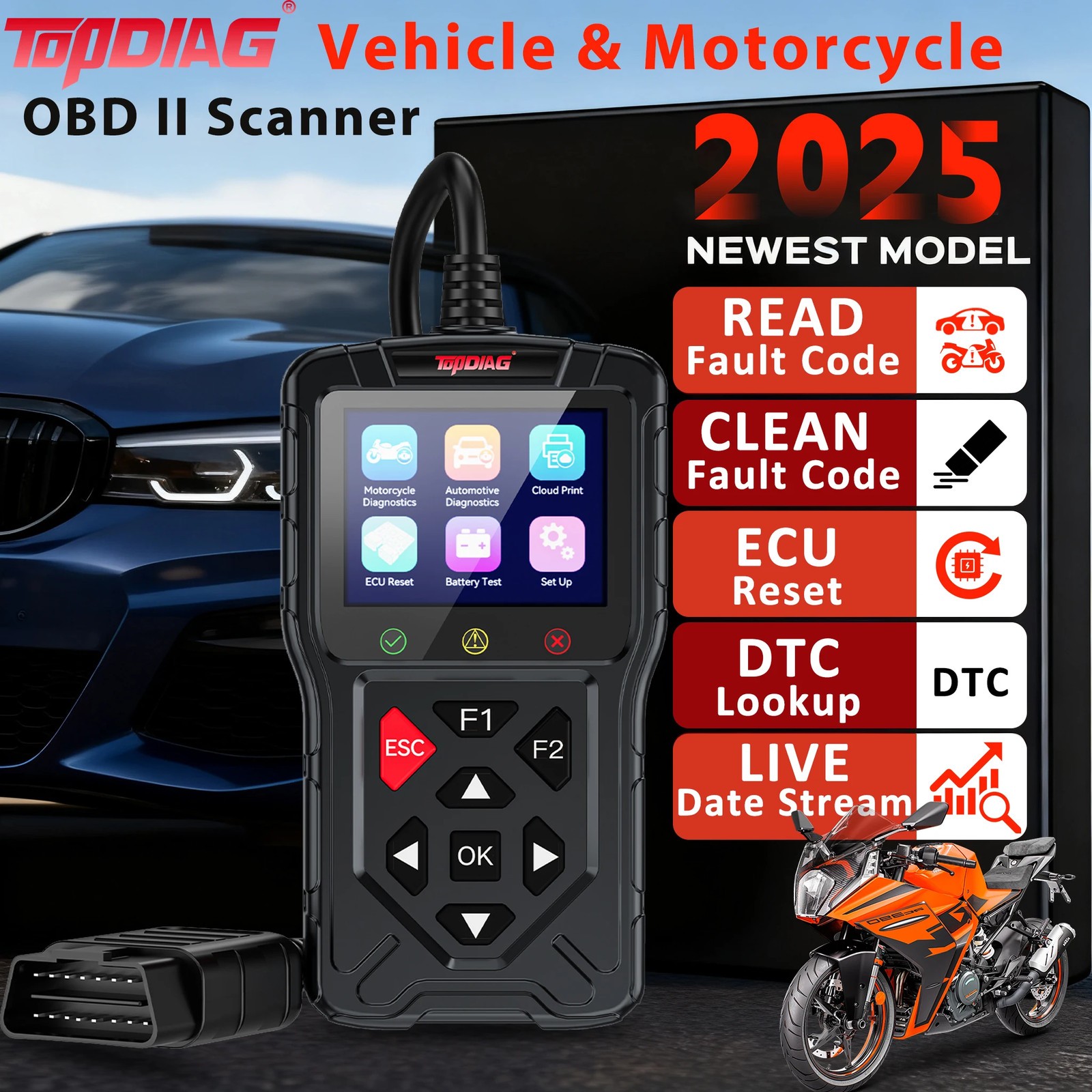 Motorcycle Vehicle OBD2 Scanner Fault Code Read Car DTC Lookup Diagnostic Tool