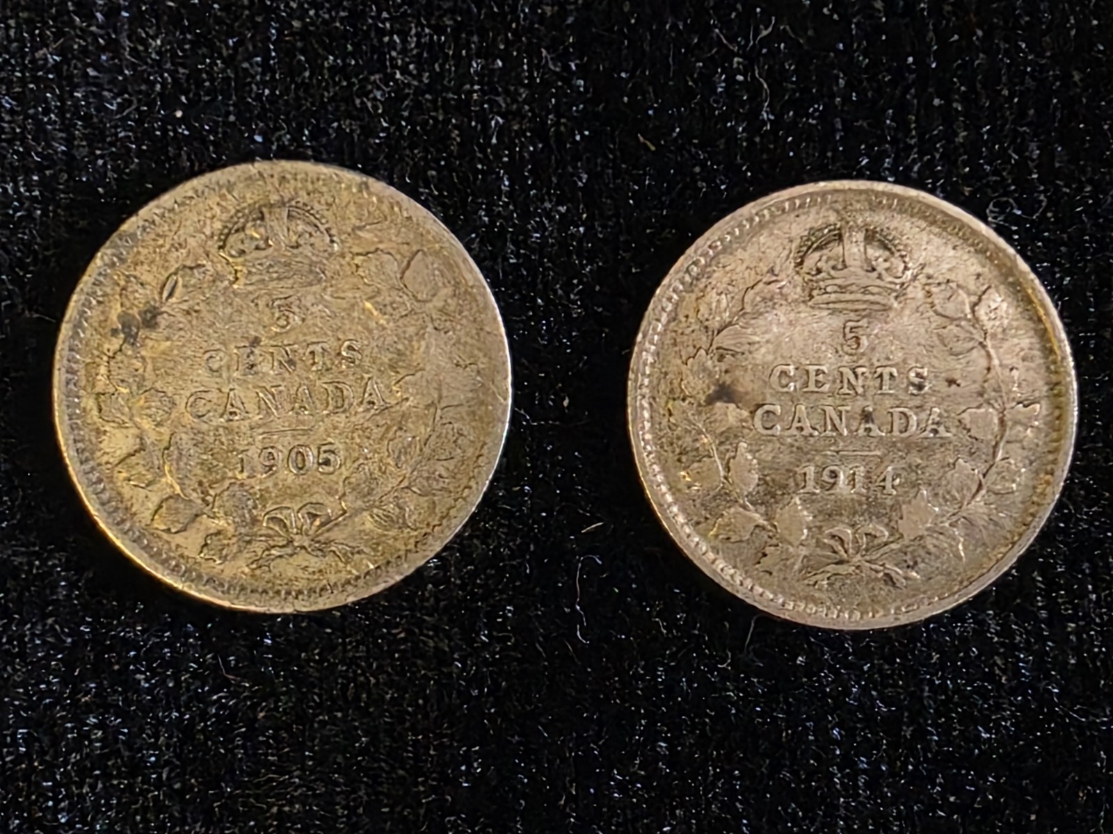 1905 And 1914 Canada 5 Cents 0.9250 Silver Coin Free Shipping