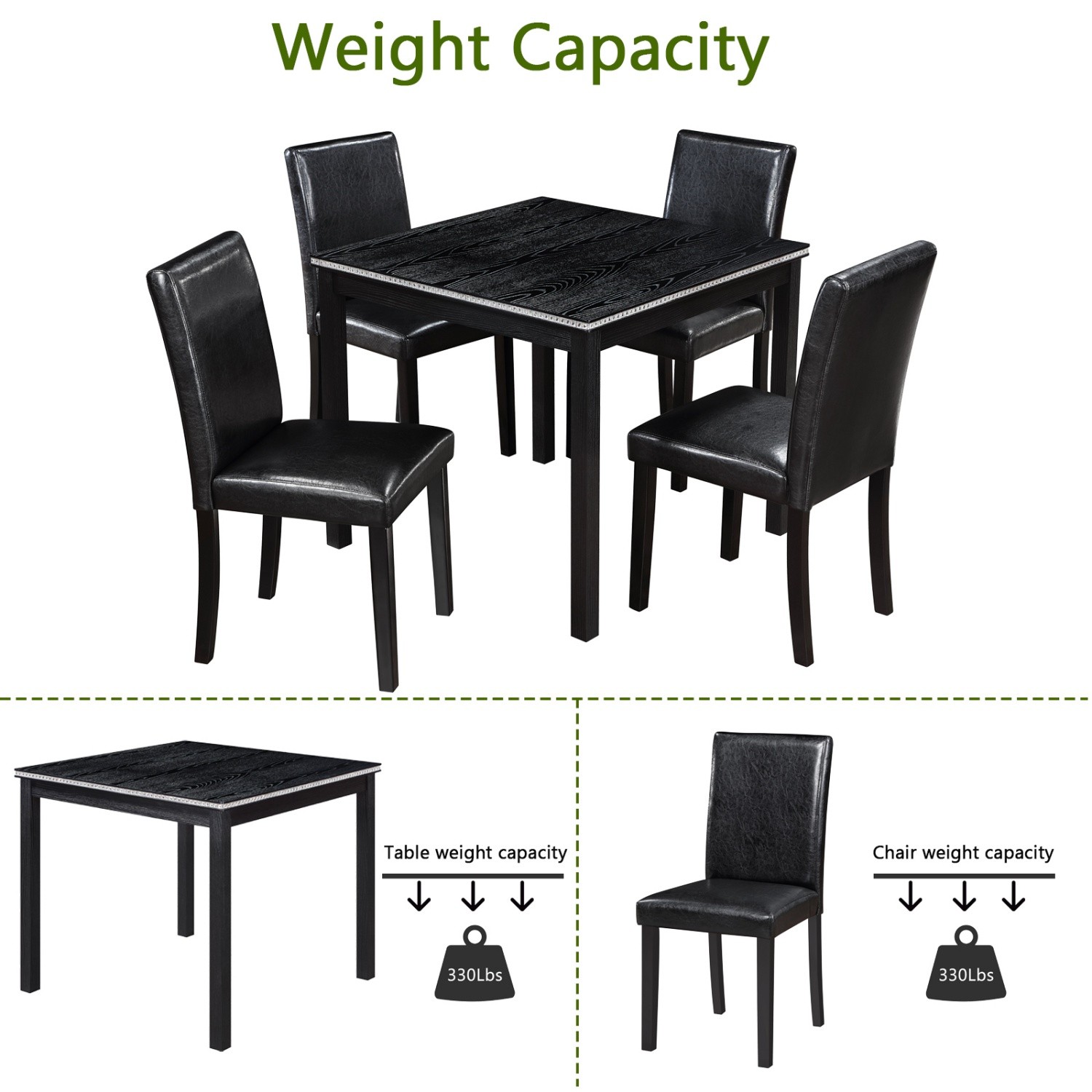 5 Piece Dining Table Set Wood Square Dining Table & 4 PU Upholstered Chair Black