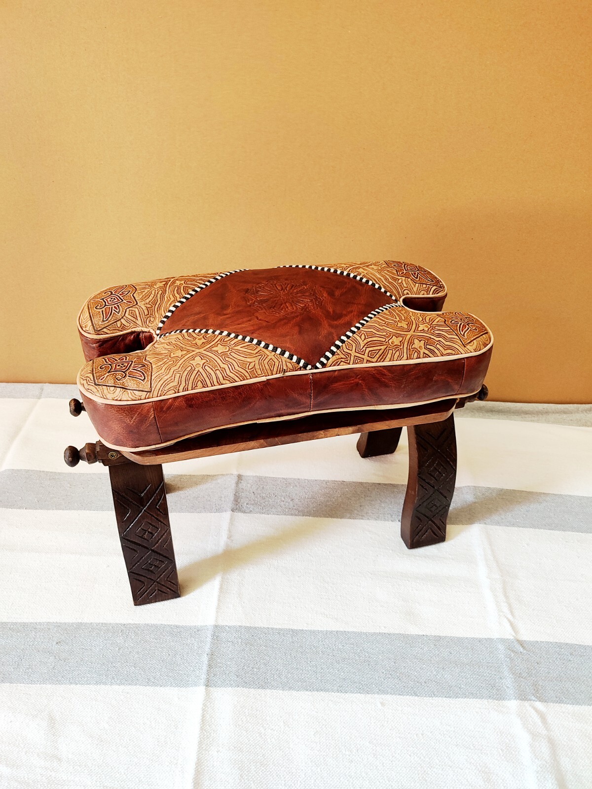 Camel Saddle Stool, Wooden Saddle Stool With Genuine Leather Pad.