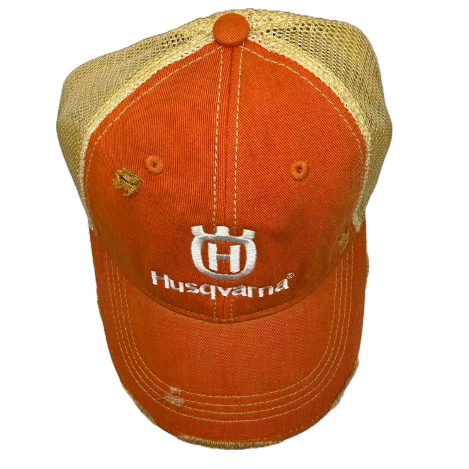 Husqvarna Trucker Hat Distressed Orange Cap White Logo Snapback Mesh Back