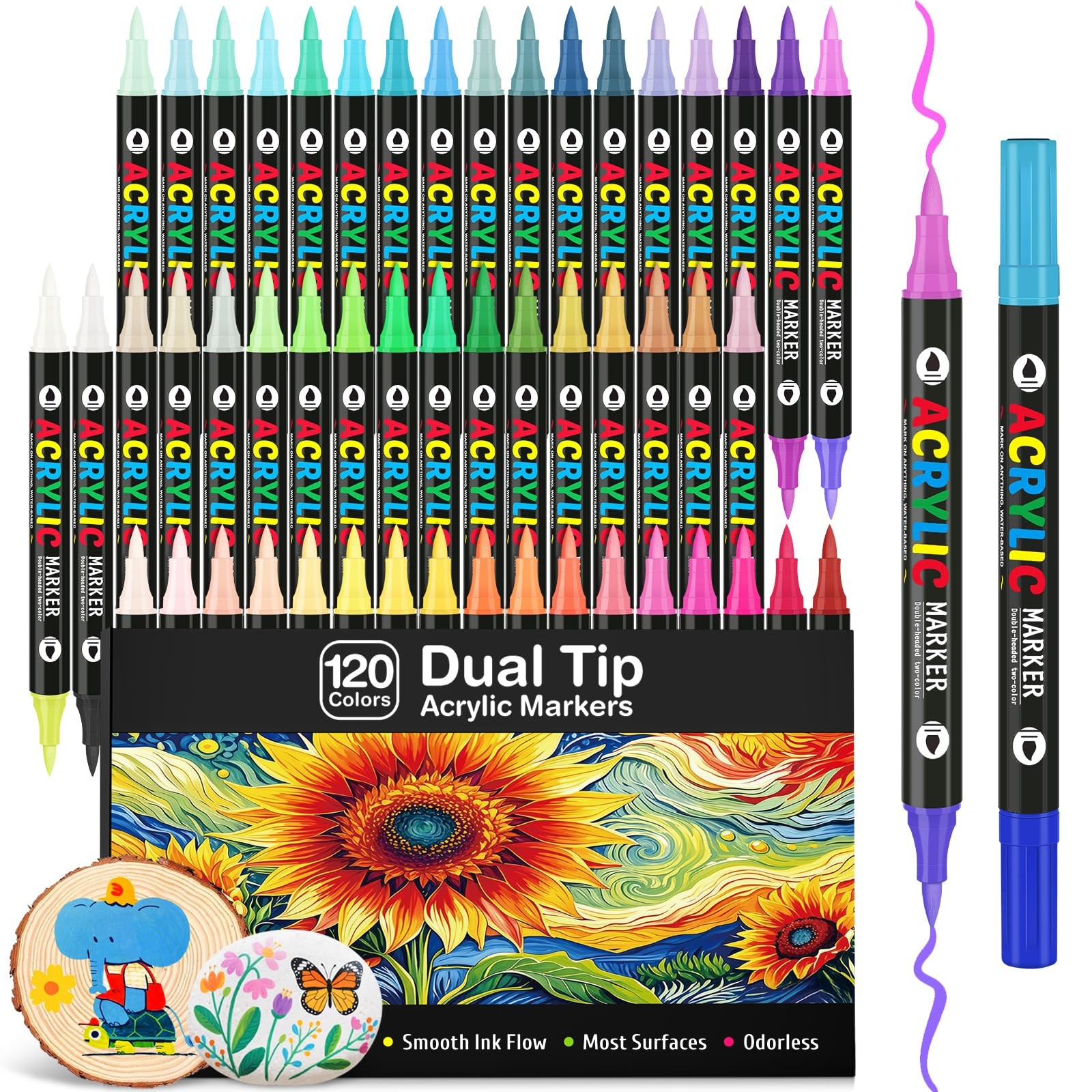 120 Colors Acrylic Paint Markers, Dual-Color Acrylic Paint Pens with 60 Brush...
